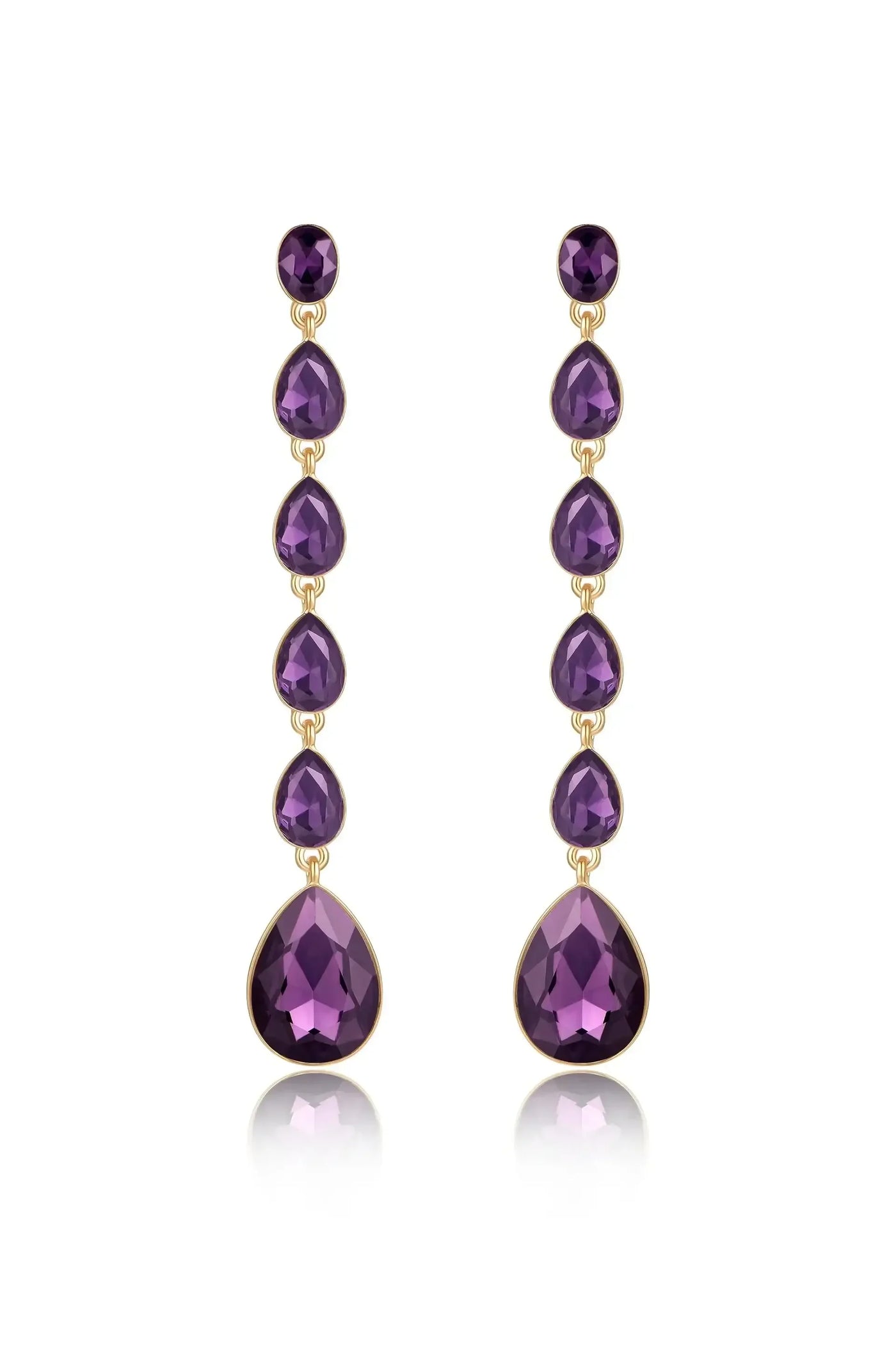 Elegant purple earrings feature a series of teardrop-shaped gemstones in varying sizes, suspended vertically from a circular post. The setting is gold, reflecting light with a slight sheen.