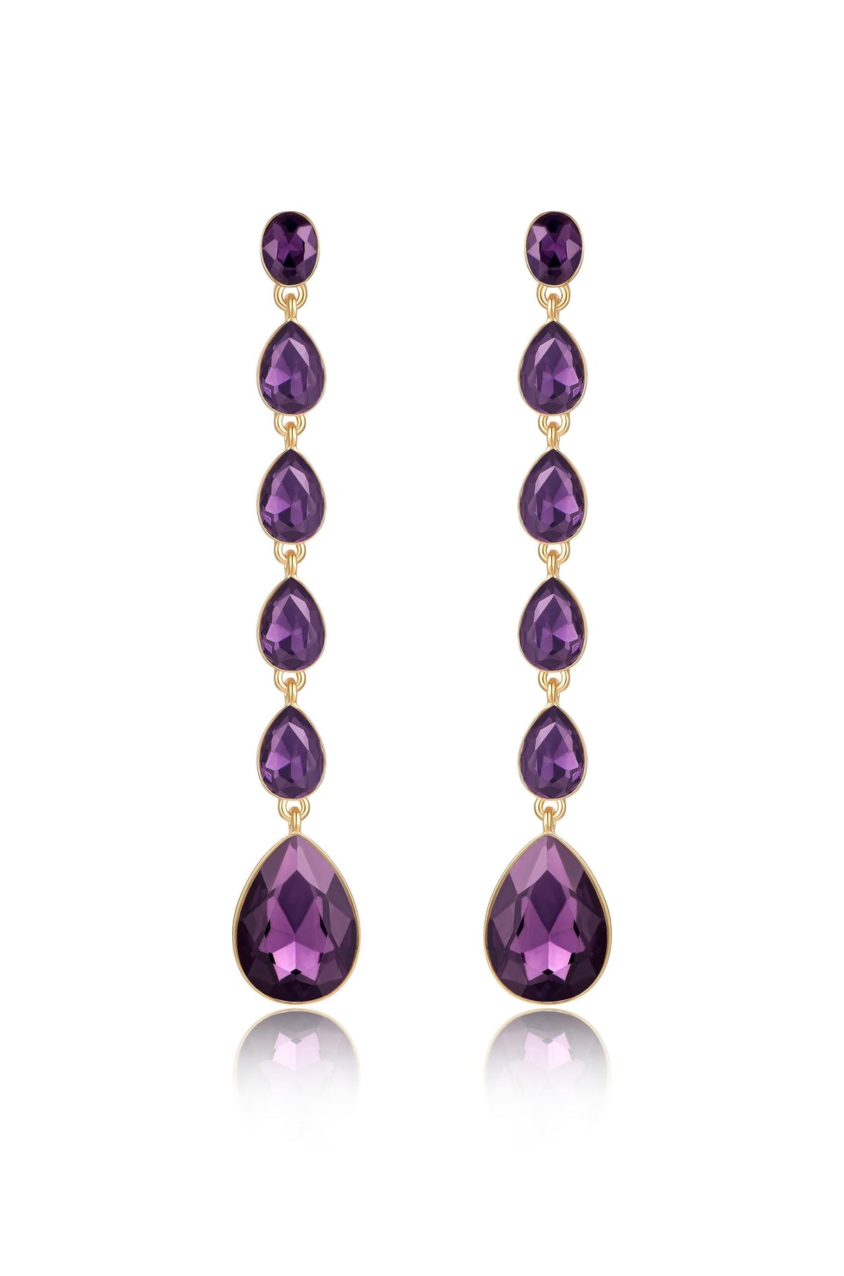 Elegant purple earrings feature a series of teardrop-shaped gemstones in varying sizes, suspended vertically from a circular post. The setting is gold, reflecting light with a slight sheen.