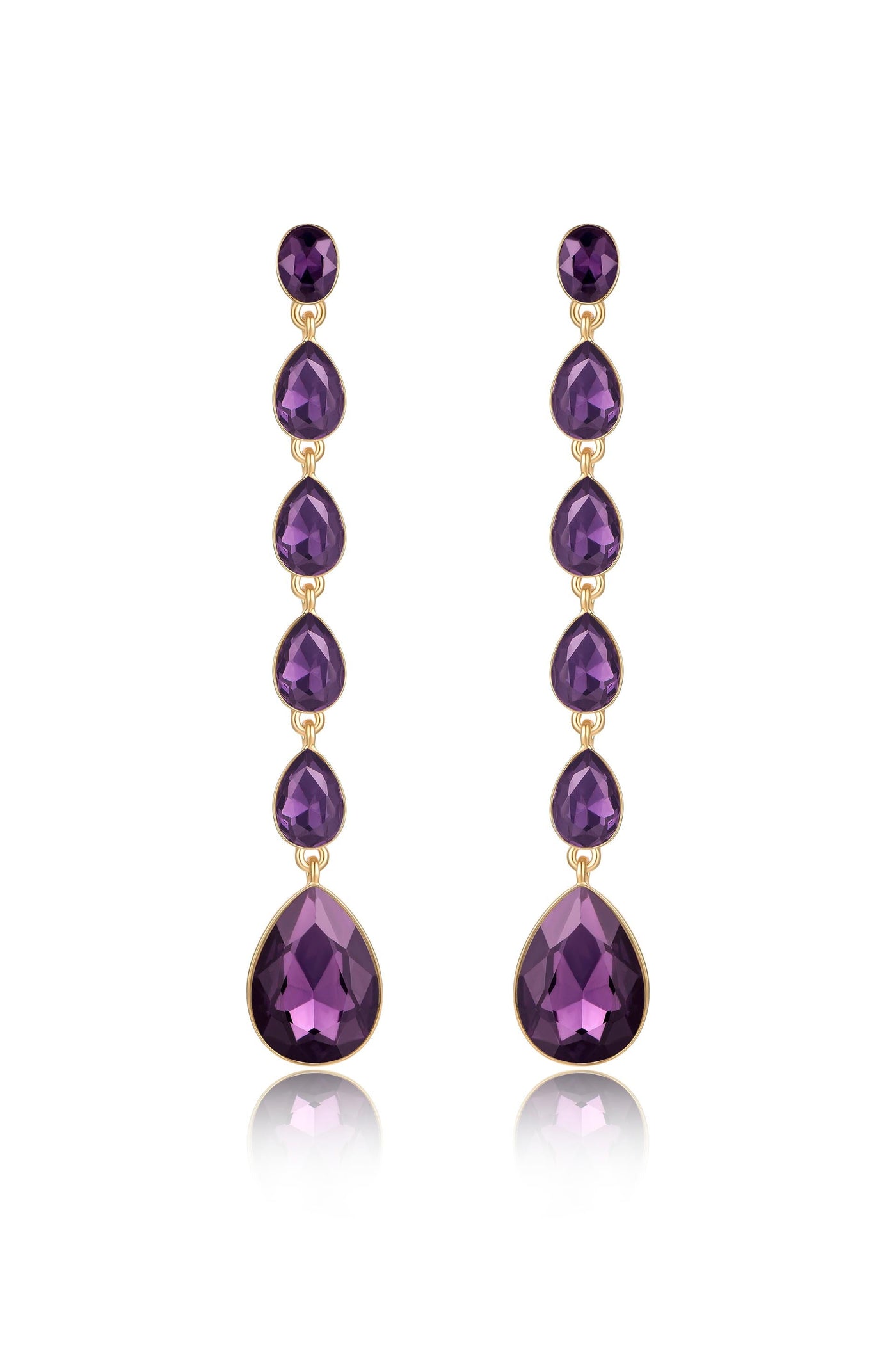 Elegant purple earrings feature a series of teardrop-shaped gemstones in varying sizes, suspended vertically from a circular post. The setting is gold, reflecting light with a slight sheen.