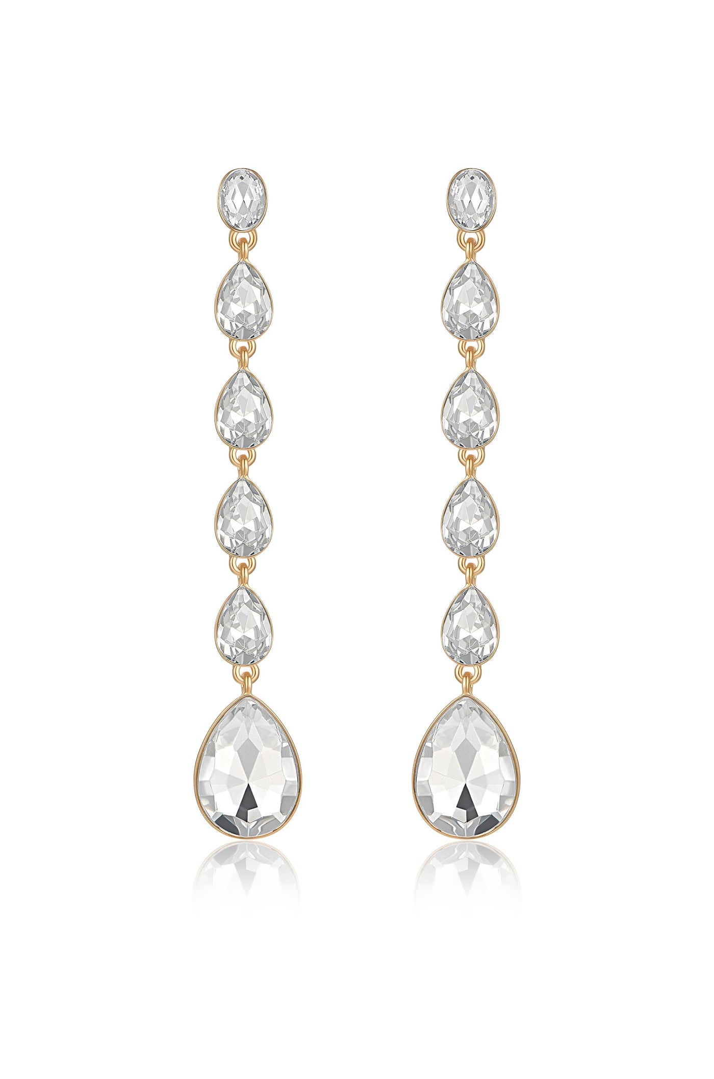 Elegant earrings comprised of multiple clear, faceted gemstones in a teardrop shape, each linked on a gold-tone setting, reflecting light, suitable for formal occasions.