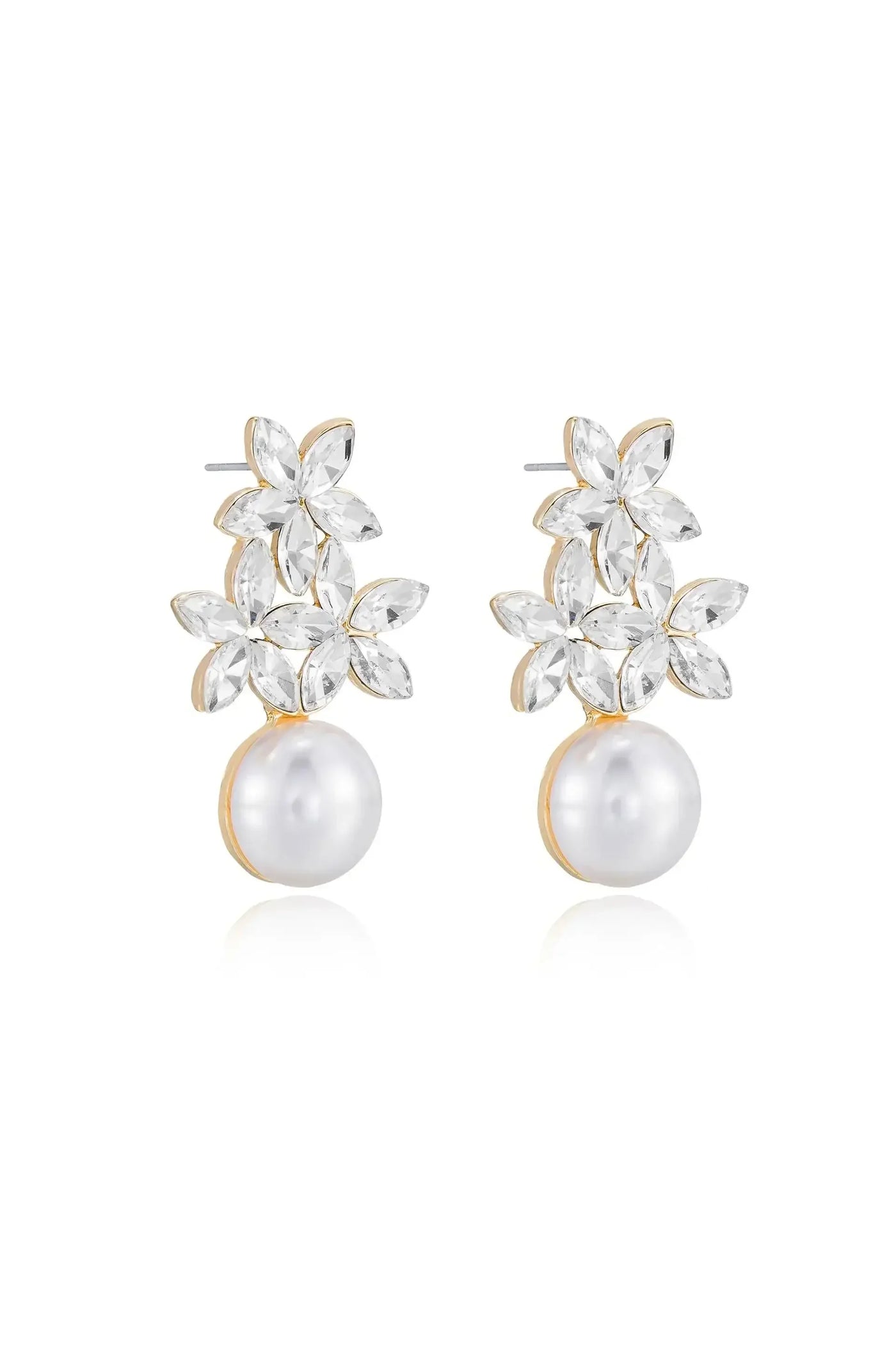 Elegant earrings featuring a floral design made of clear gemstones atop a large, lustrous pearl. They are displayed against a plain white background, highlighting their intricate details and shine.