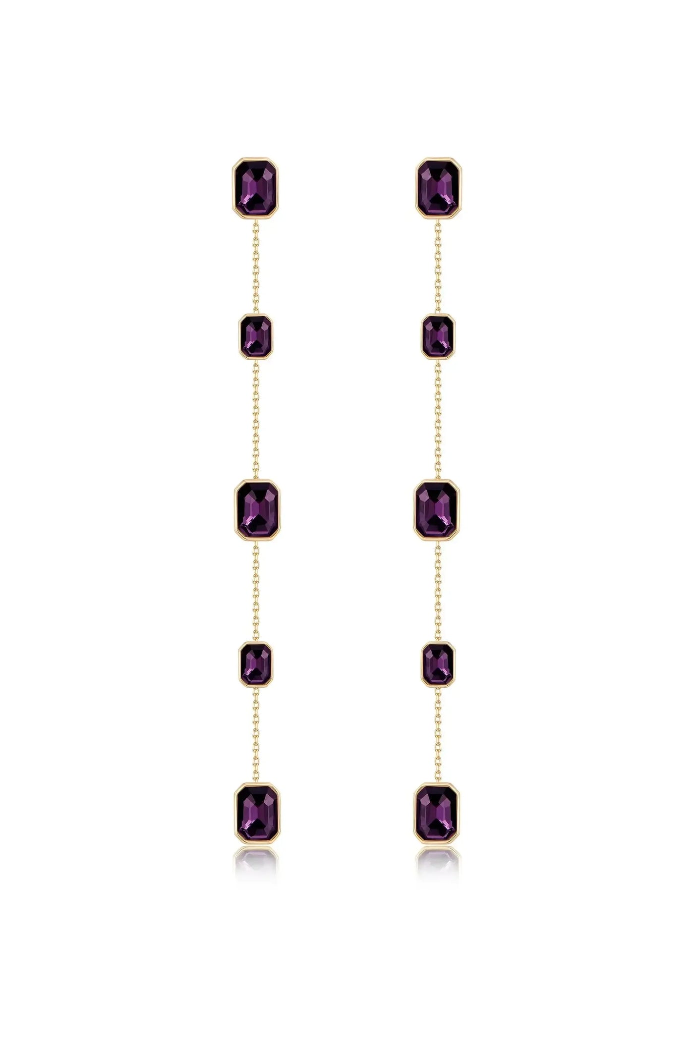 Long, elegant earrings feature multiple purple gemstones set in gold frames. The design alternates between larger and smaller stones, hanging on delicate chains against a simple white background.