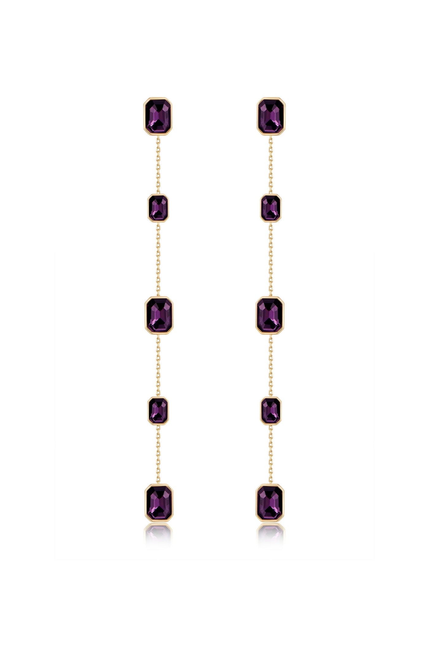 Long, elegant earrings feature multiple purple gemstones set in gold frames. The design alternates between larger and smaller stones, hanging on delicate chains against a simple white background.