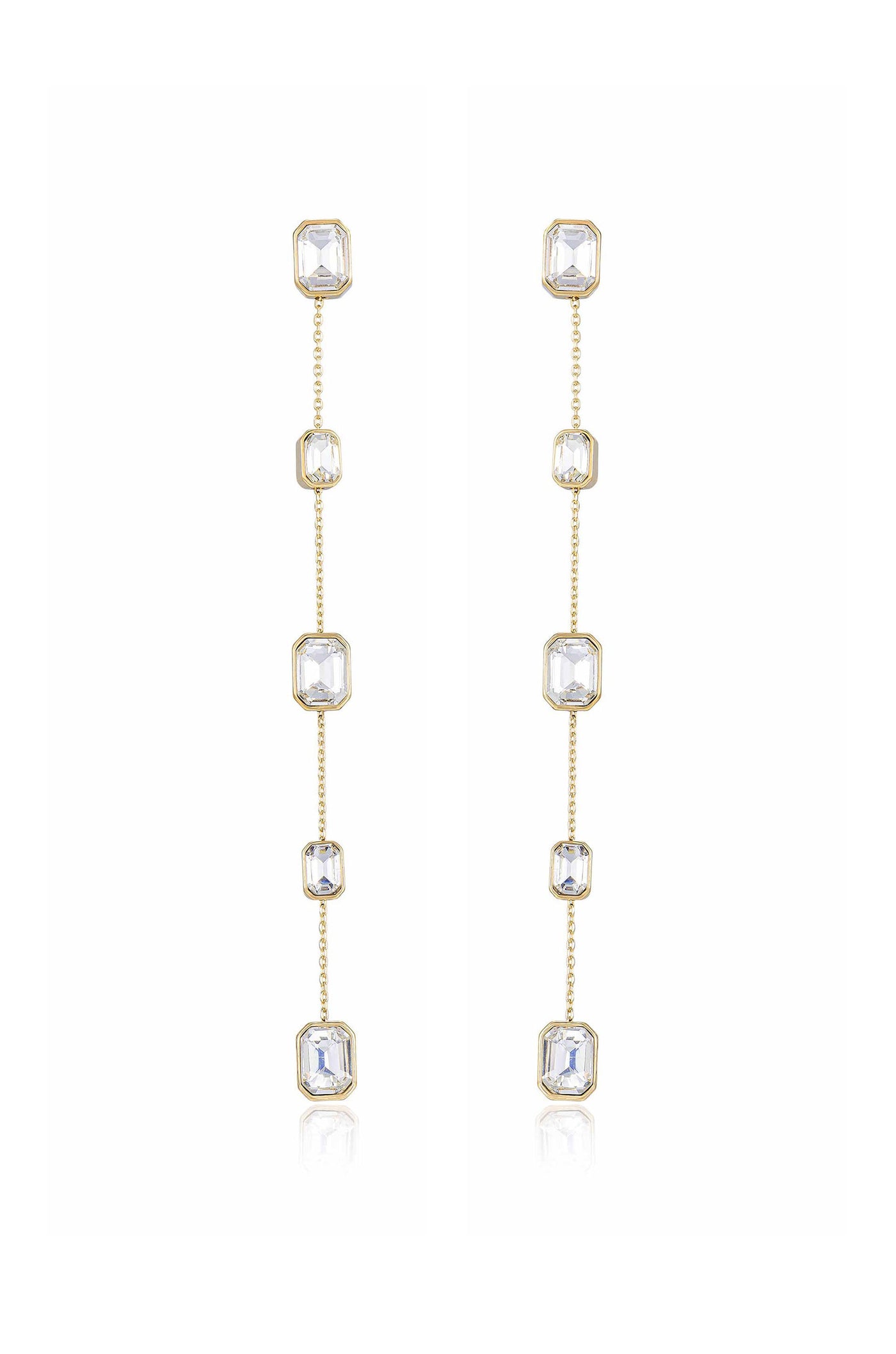 Gold dangle earrings feature multiple clear octagonal crystals linked by delicate chains, showcasing elegance and shine. They stand against a neutral background, highlighting their refined design and sparkle.