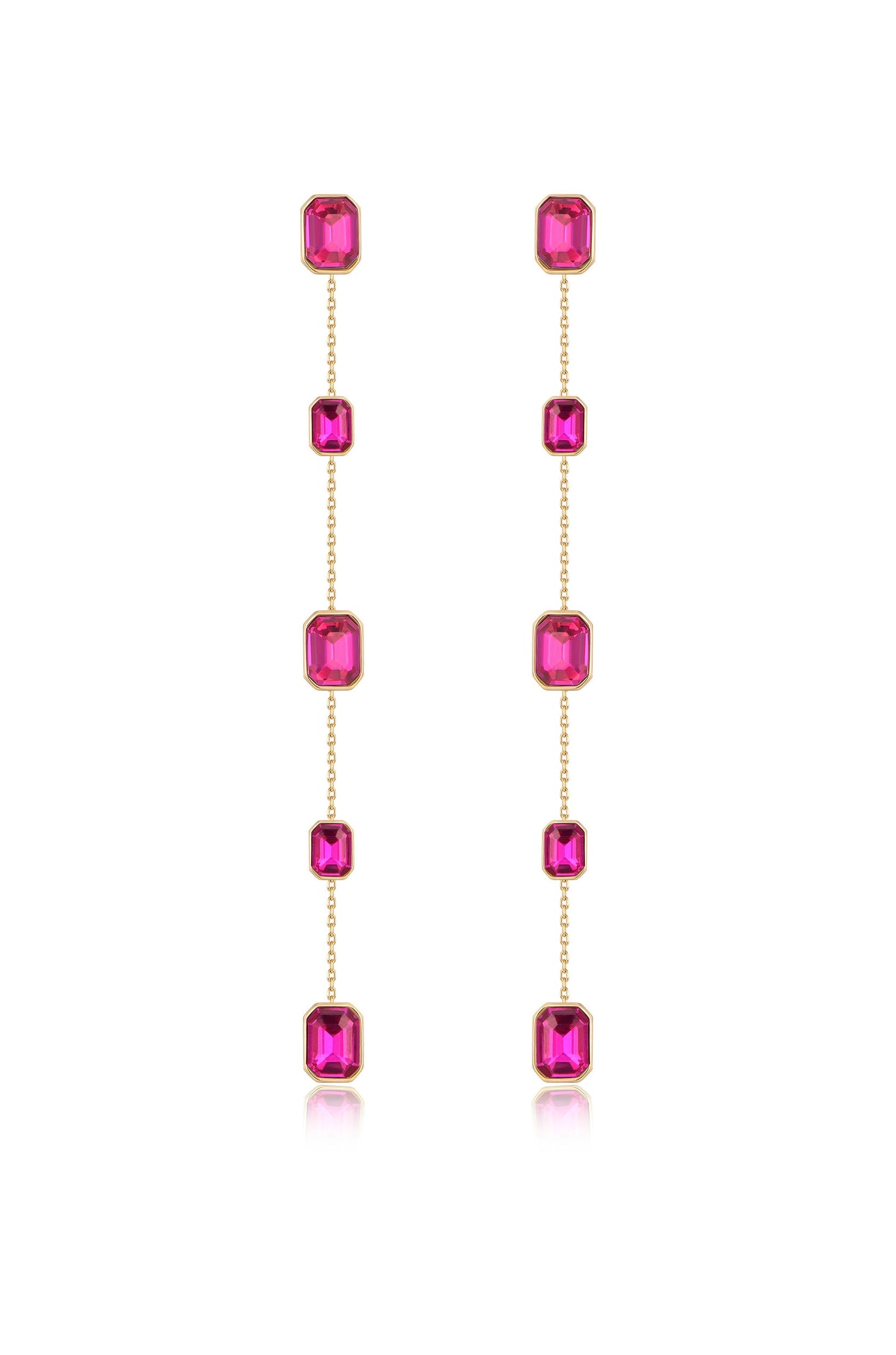 Two pairs of elongated earrings feature a series of pink, rectangular gemstones set in gold. They hang vertically, creating a streamlined and elegant appearance against a white background.