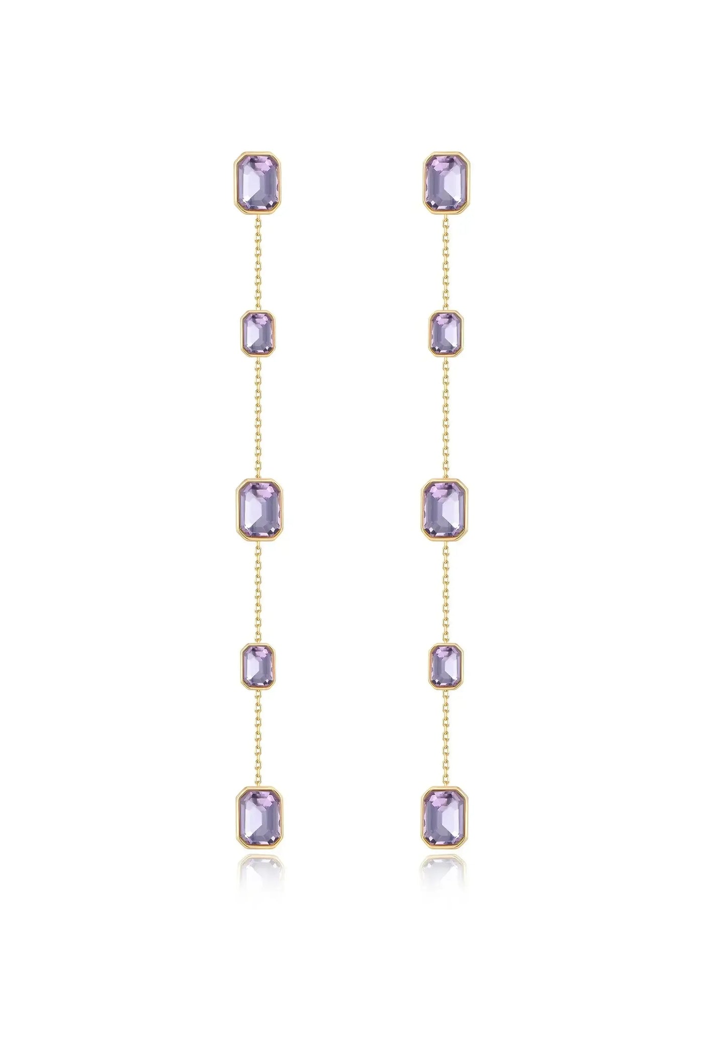 Two elegant, vertical earrings feature multiple rectangular purple gems, connected by gold chains. They hang freely, reflecting light, set against a clean, white background.