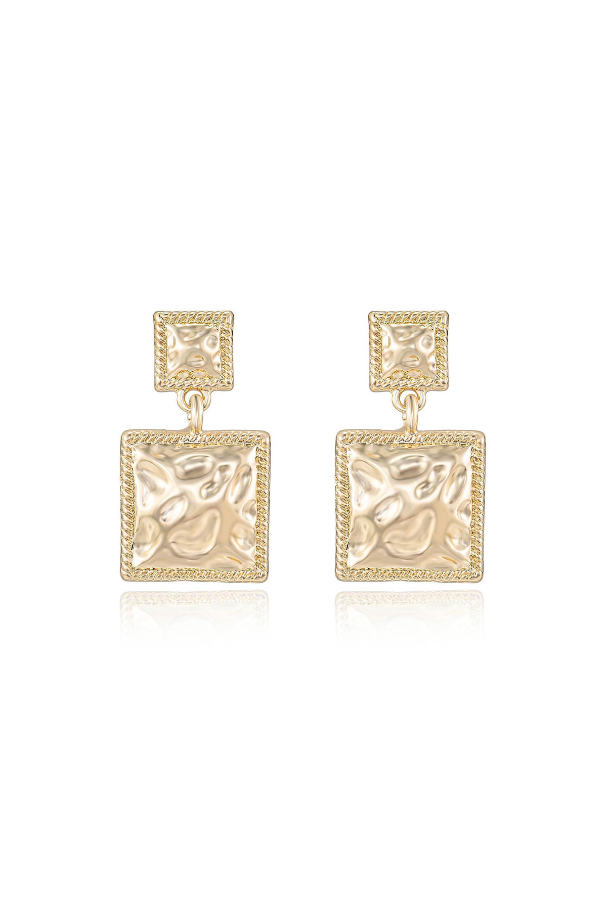 A pair of gold earrings featuring a textured, square design. They dangle from a smaller square stud above, creating an elegant accessory suitable for formal occasions. Reflection hints at a polished surface.