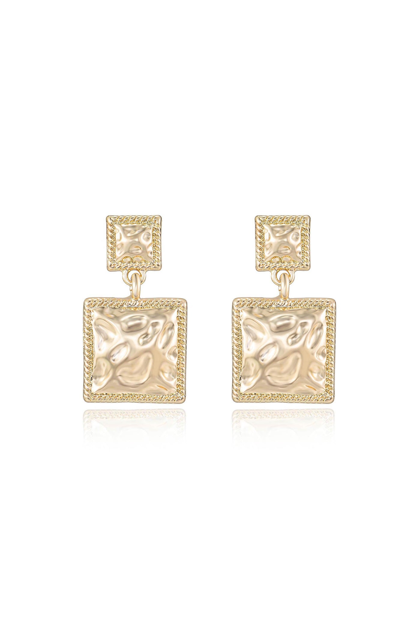A pair of gold earrings featuring a textured, square design. They dangle from a smaller square stud above, creating an elegant accessory suitable for formal occasions. Reflection hints at a polished surface.