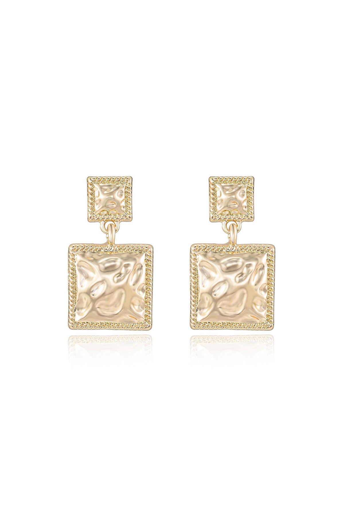A pair of gold earrings featuring a textured, square design. They dangle from a smaller square stud above, creating an elegant accessory suitable for formal occasions. Reflection hints at a polished surface.
