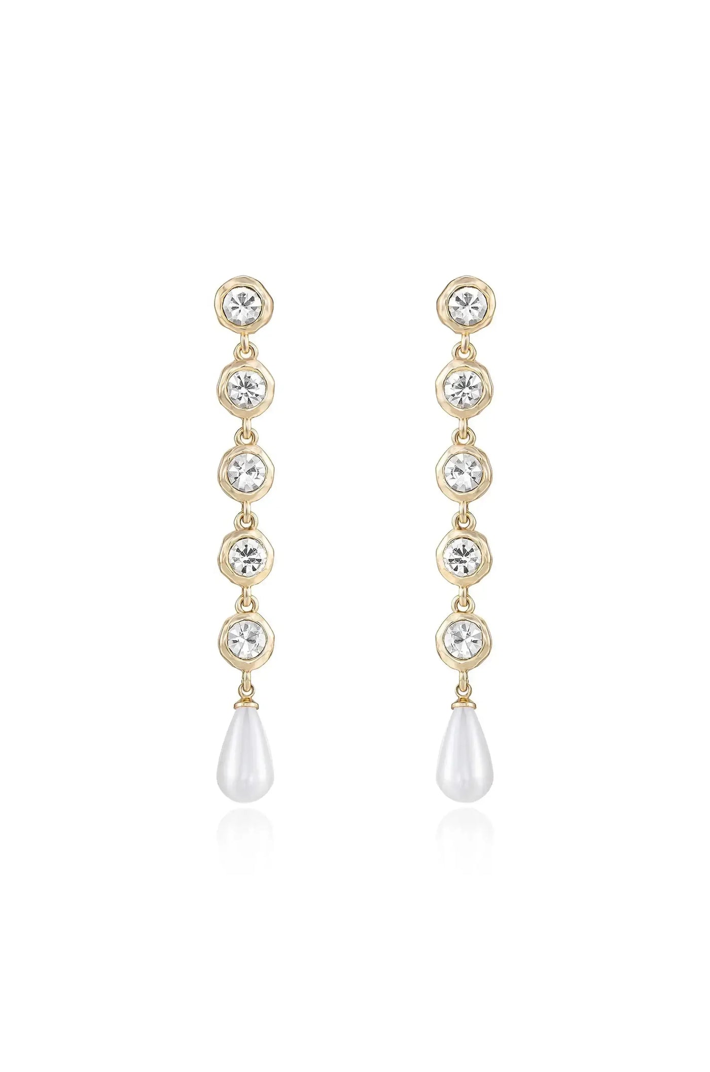 Gold earrings feature a linear design with alternating clear stones and a pearl drop at the bottom. They are displayed against a clean white background, emphasizing their elegance.