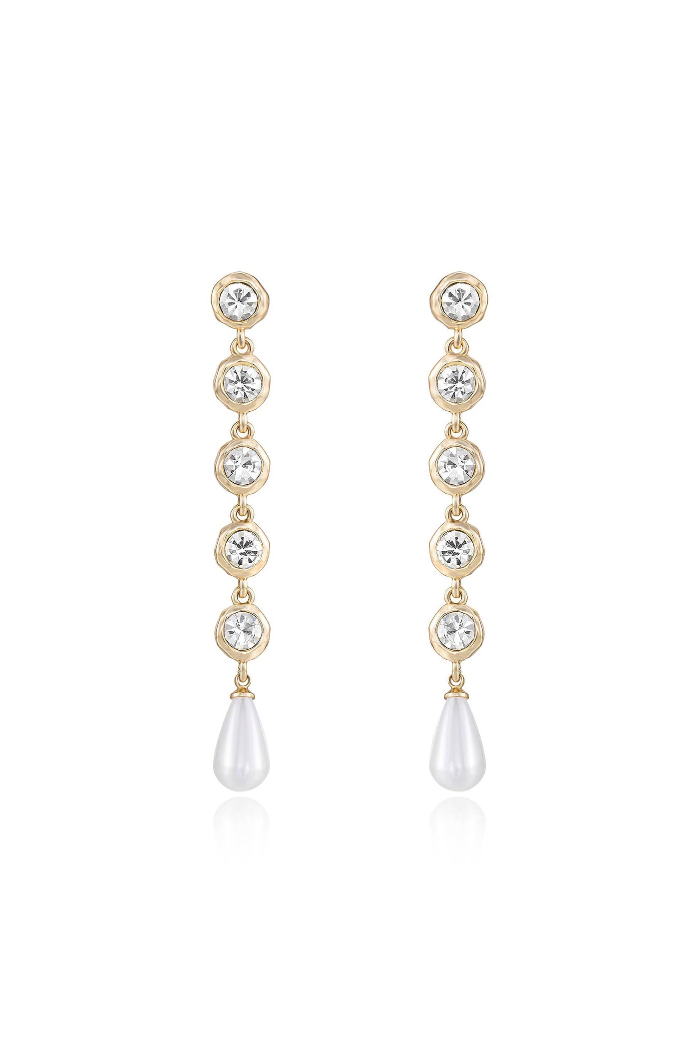 Gold earrings feature a linear design with alternating clear stones and a pearl drop at the bottom. They are displayed against a clean white background, emphasizing their elegance.