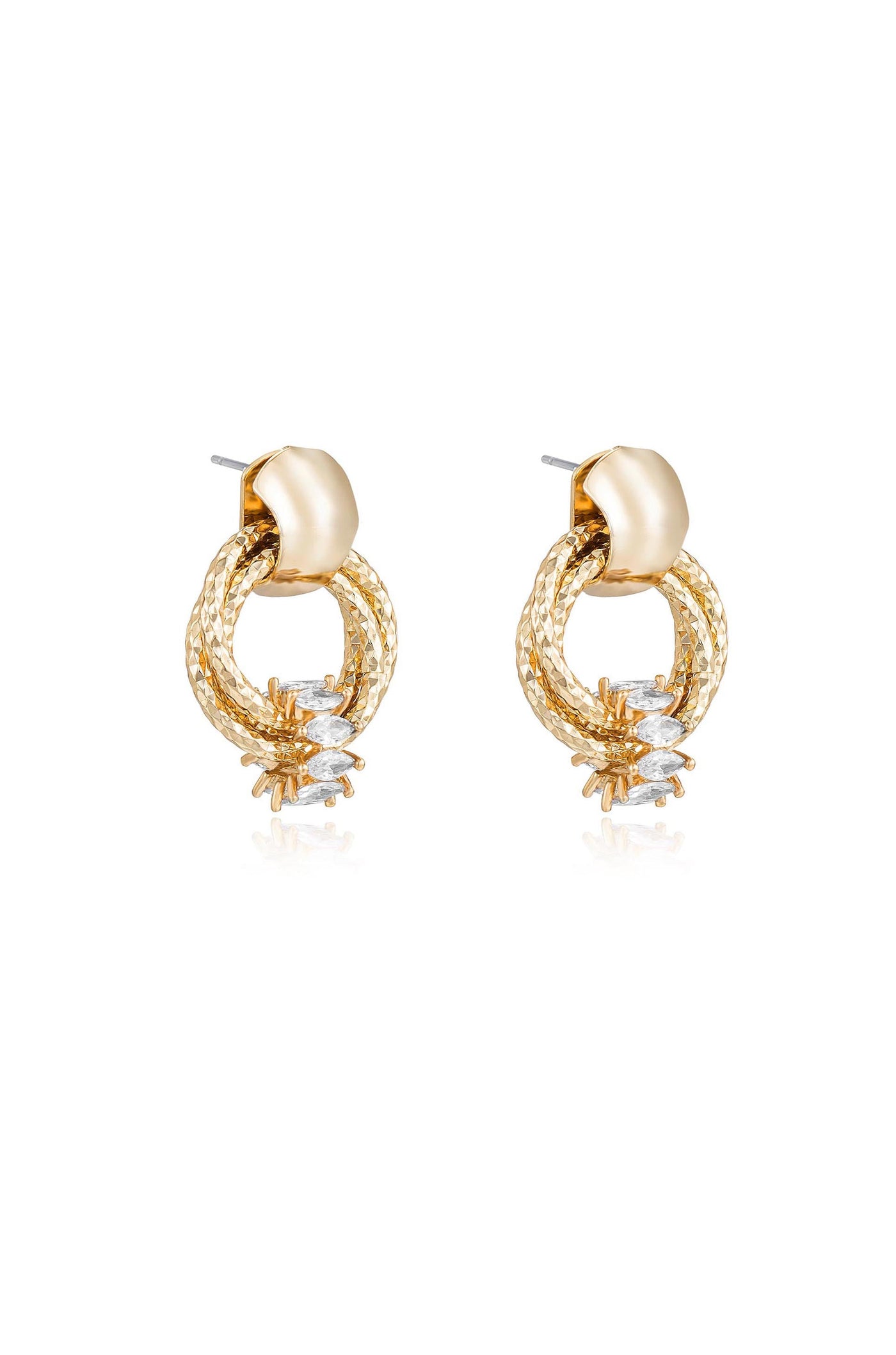 Gold earrings are displayed with a textured design featuring intertwined loops and sparkling stones at the base. The background is plain white, highlighting the jewelry's intricate details.