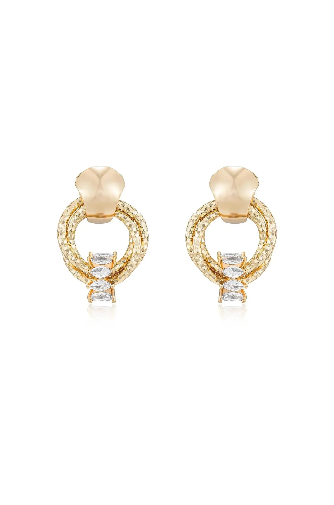 Gold earrings are displayed, featuring interwoven circular designs with three clear gemstones in the center. They are set against a white background, highlighting their elegant and shiny appearance.