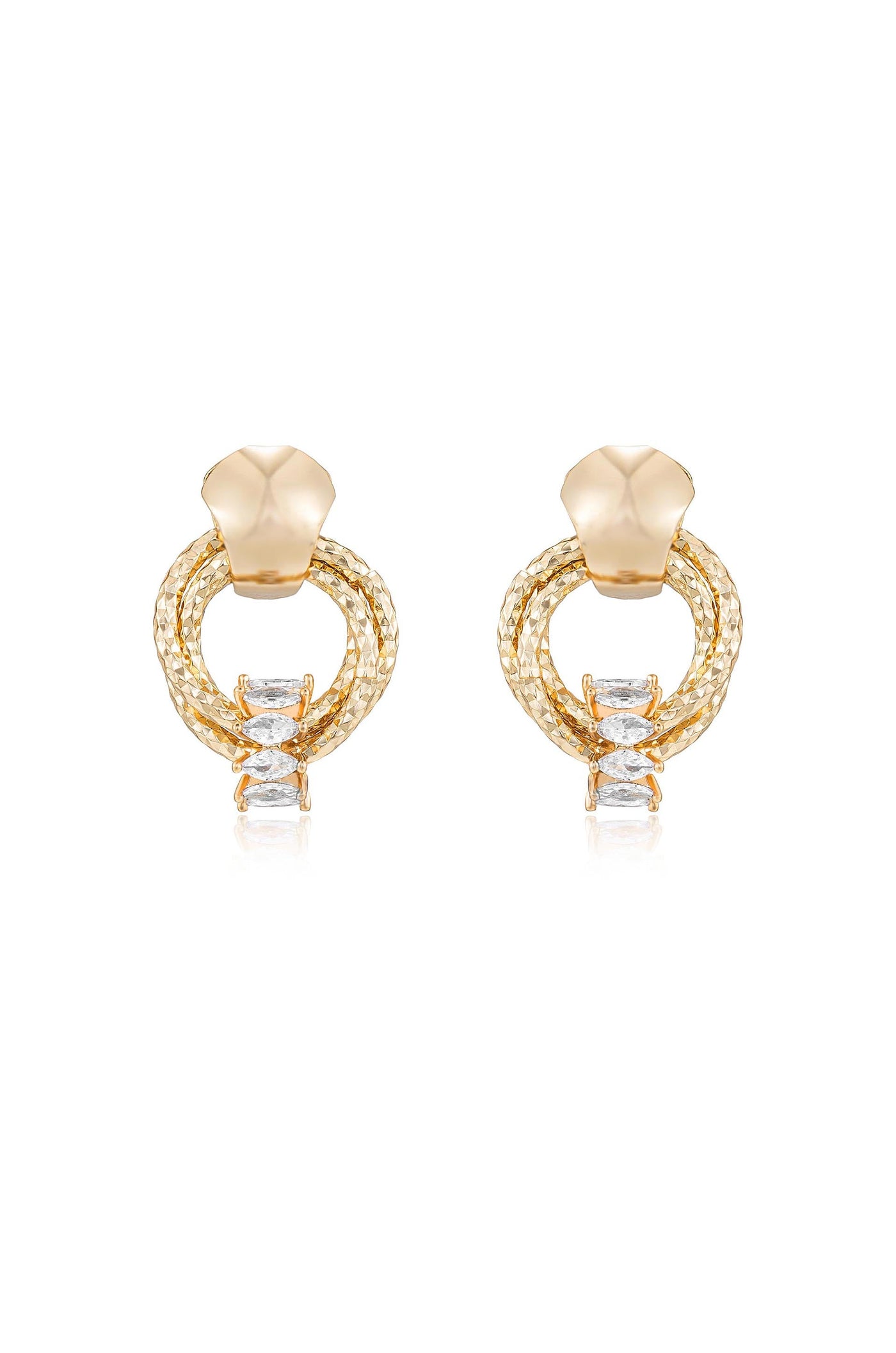 Gold earrings are displayed, featuring interwoven circular designs with three clear gemstones in the center. They are set against a white background, highlighting their elegant and shiny appearance.