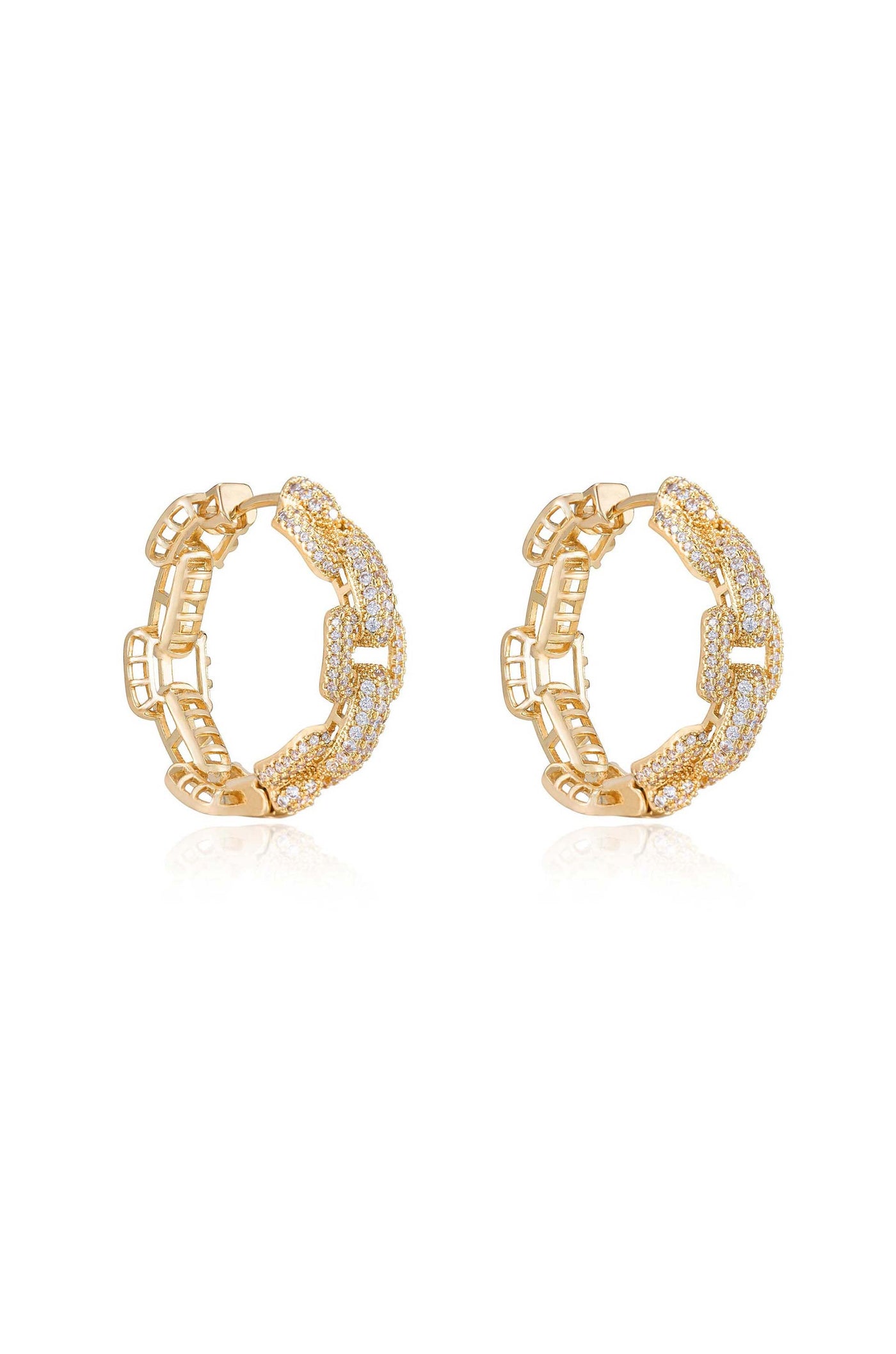 Gold hoop earrings featuring intricate designs with sparkling embellishments. They are displayed against a clean, white background, highlighting their shine and detail.