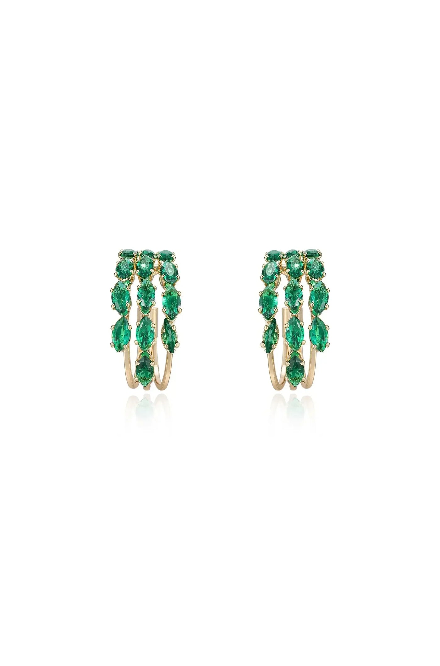 Two elegant gold hoop earrings are adorned with vibrant green gemstones. They are displayed symmetrically against a clean, white background, emphasizing their luxurious design and sparkling details.