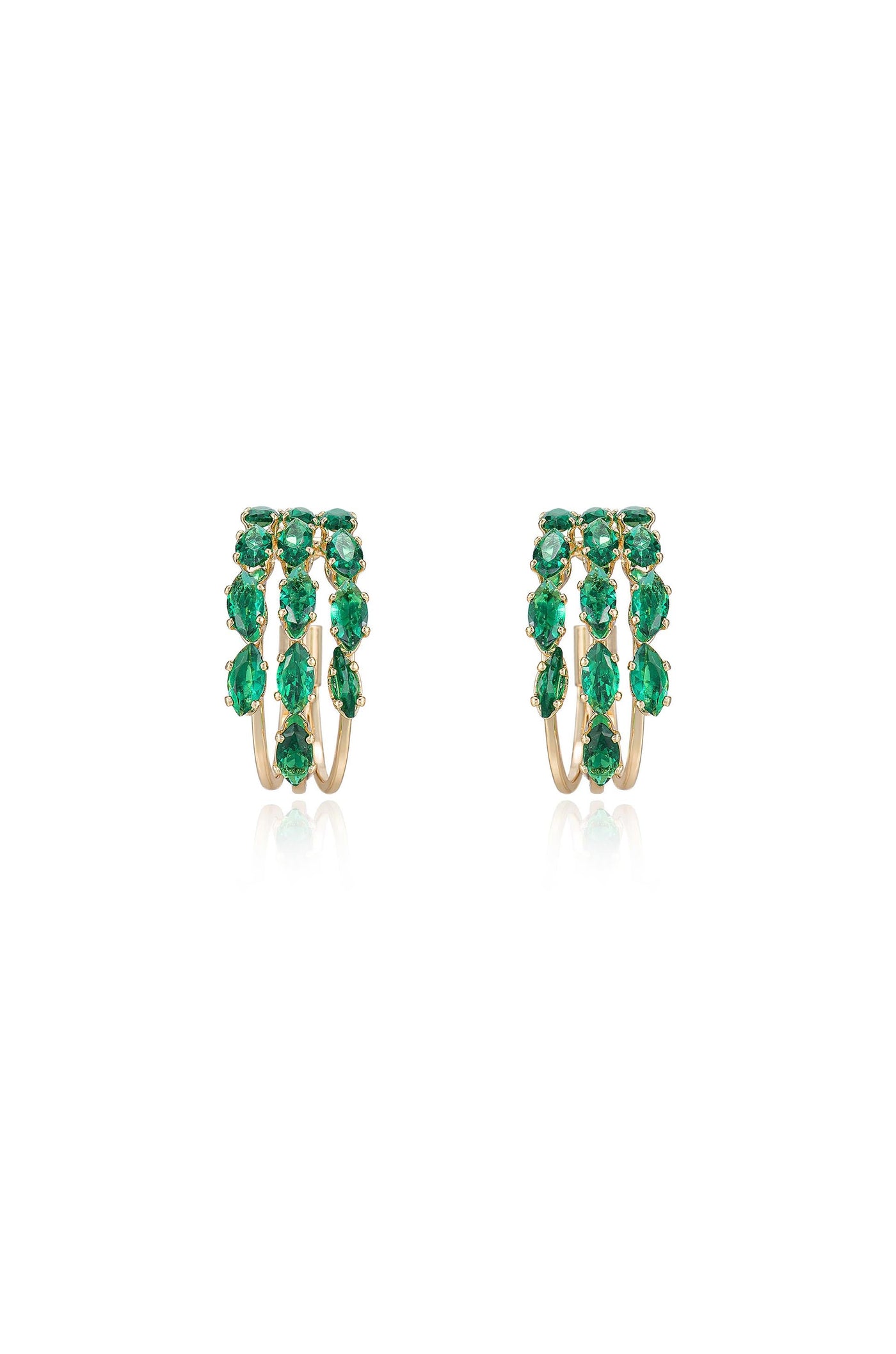 Two elegant gold hoop earrings are adorned with vibrant green gemstones. They are displayed symmetrically against a clean, white background, emphasizing their luxurious design and sparkling details.