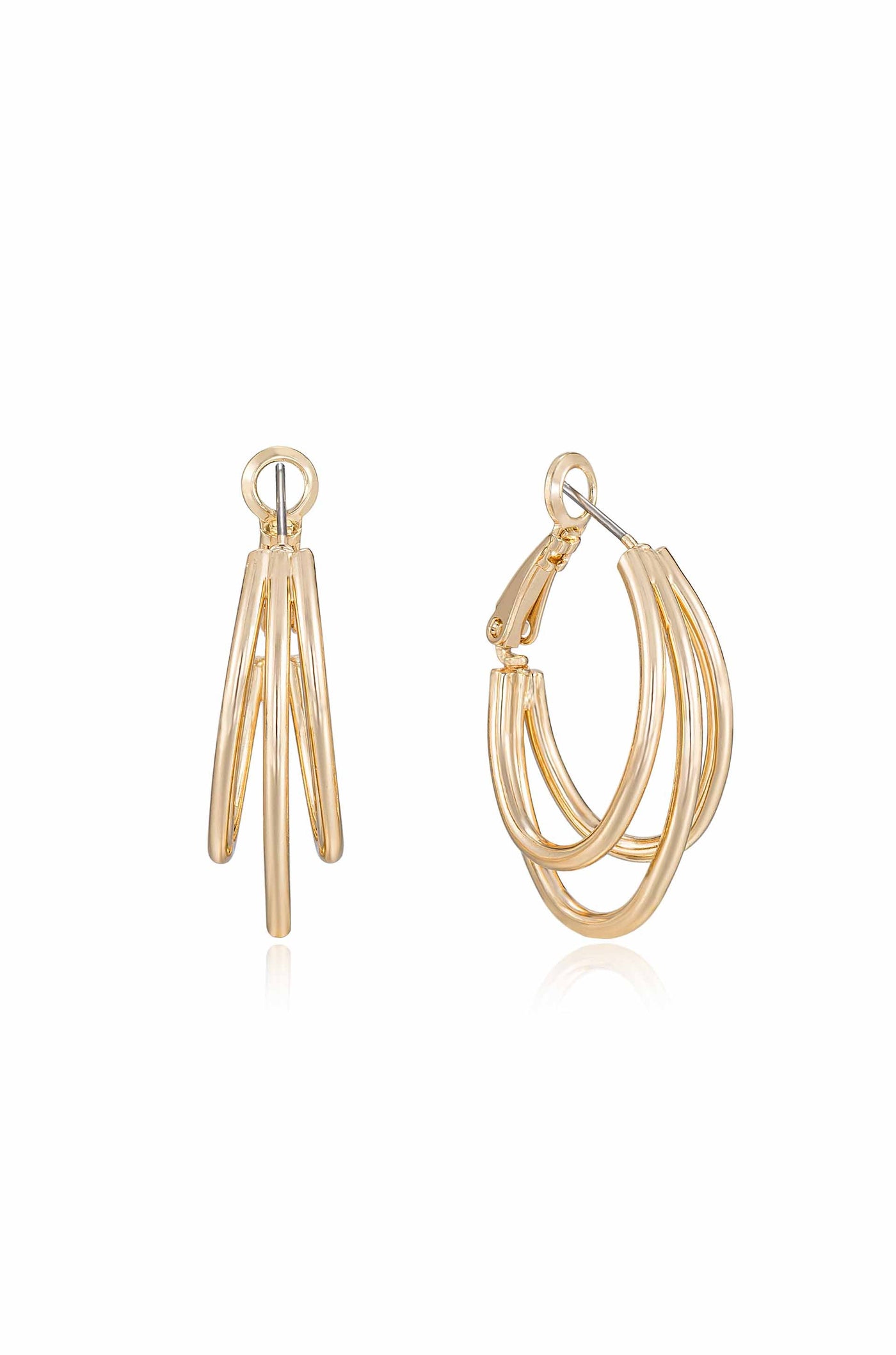Two gold hoop earrings are displayed side by side. The left earring features three elongated, vertical bars, while the right earring has a classic rounded design with three interwoven hoops.