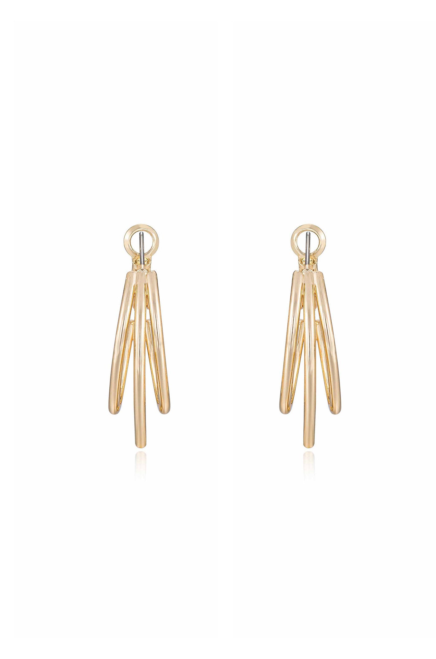 Gold hoop earrings hang vertically, featuring multiple elongated loops that create a cascading effect. The earrings are displayed against a plain white background, emphasizing their elegant design.