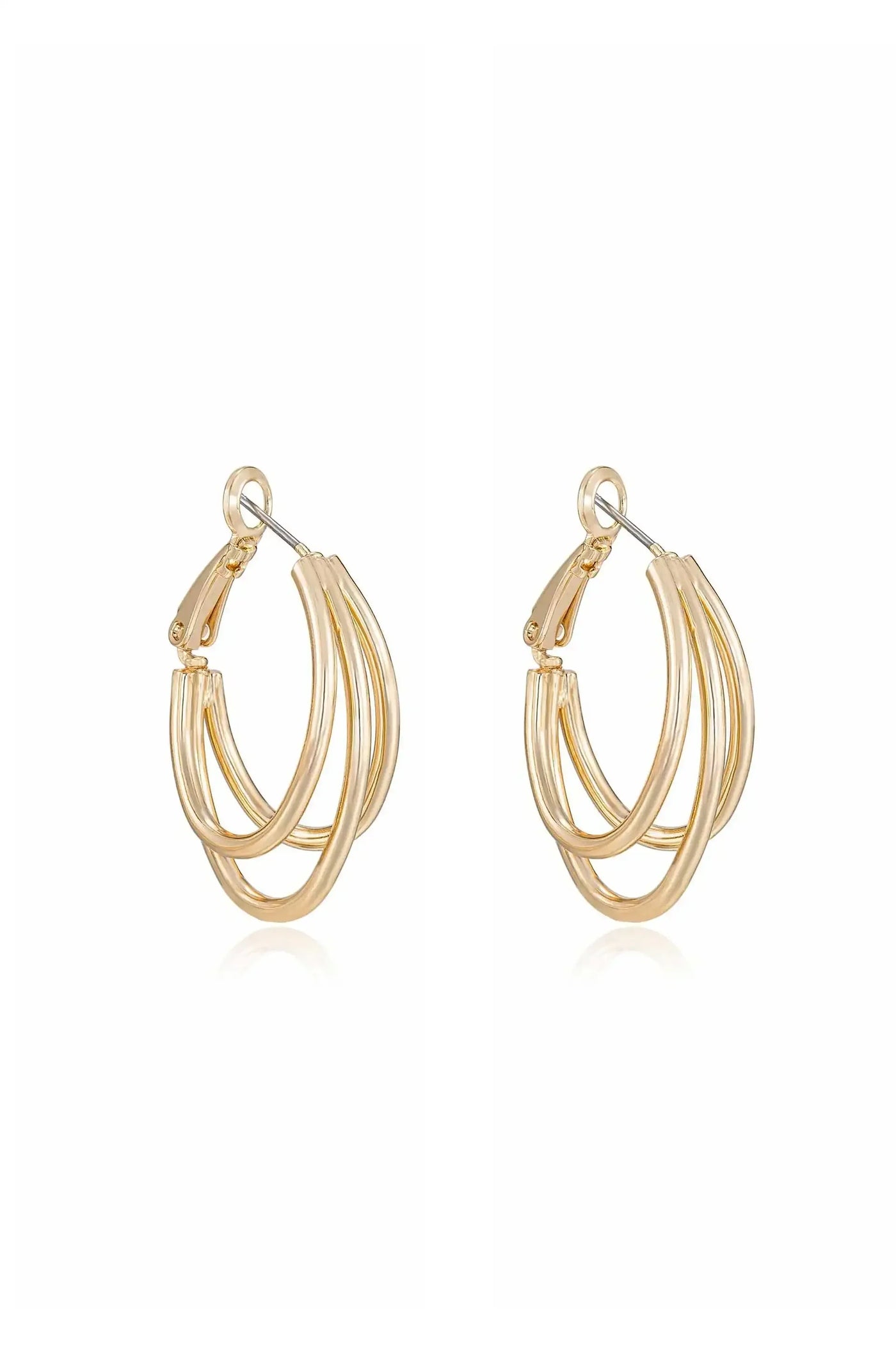 Gold hoop earrings are displayed against a white background, showcasing a layered design with multiple curved bands, giving them a stylish and elegant appearance. They appear shiny and polished.