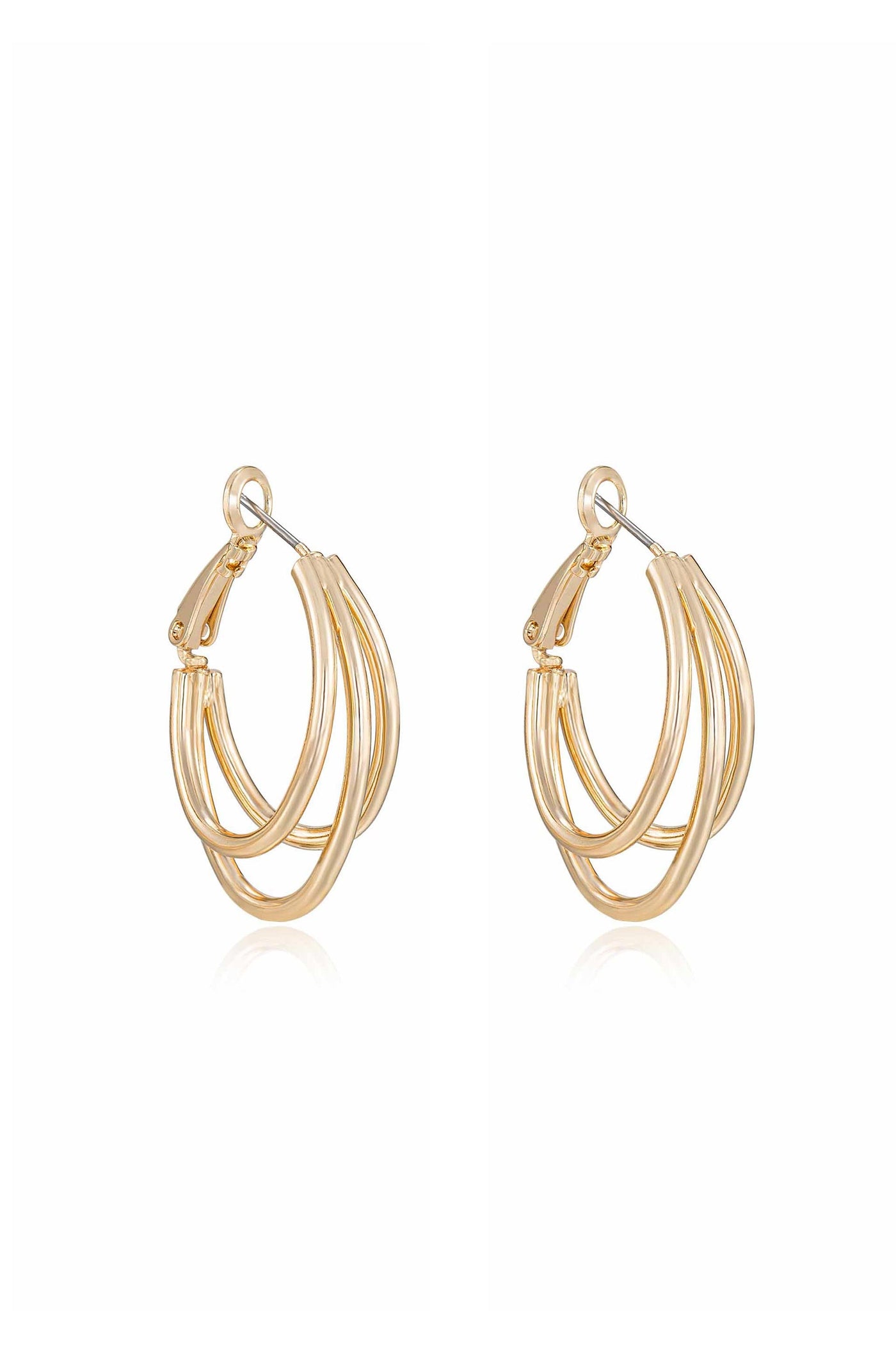 Gold hoop earrings are displayed against a white background, showcasing a layered design with multiple curved bands, giving them a stylish and elegant appearance. They appear shiny and polished.