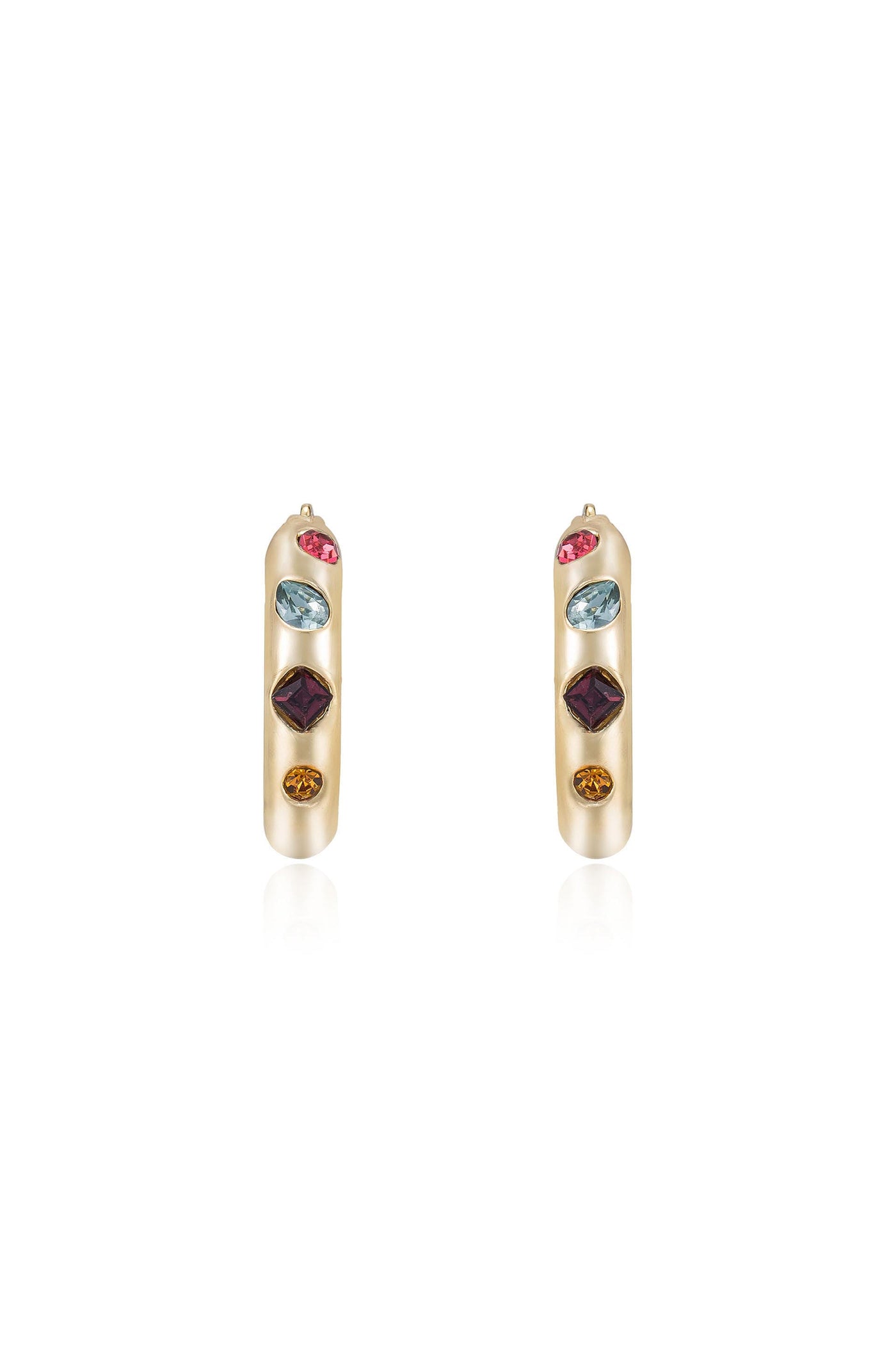 Two elegant earrings are displayed, featuring a slender gold structure adorned with various colored gemstones. The setting emphasizes a sophisticated design, suitable for formal or casual occasions.
