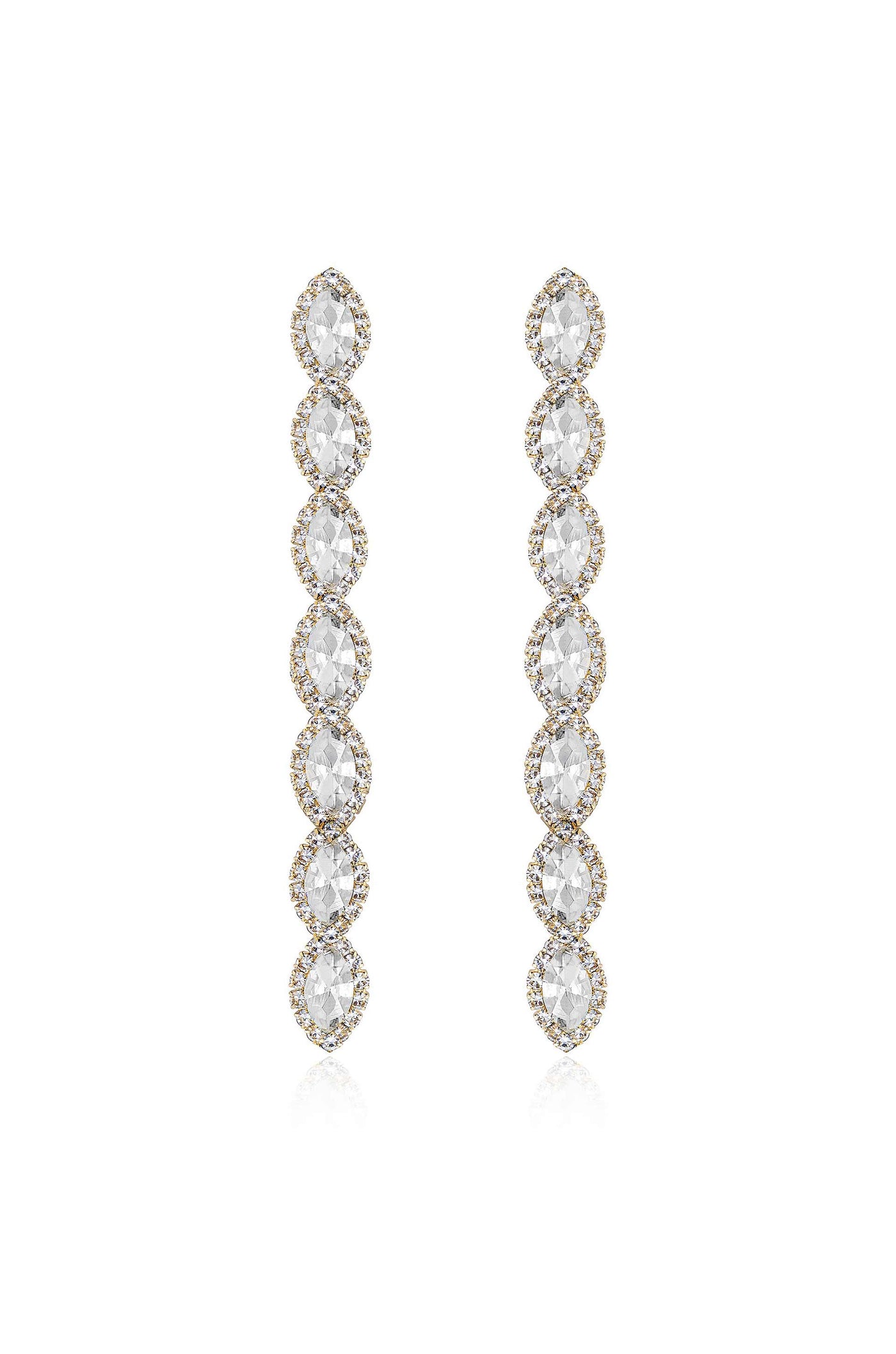 Dangling earrings feature a series of oval cut gemstones set in a gold-toned frame. They are displayed against a plain background, reflecting light elegantly to emphasize their brilliance.