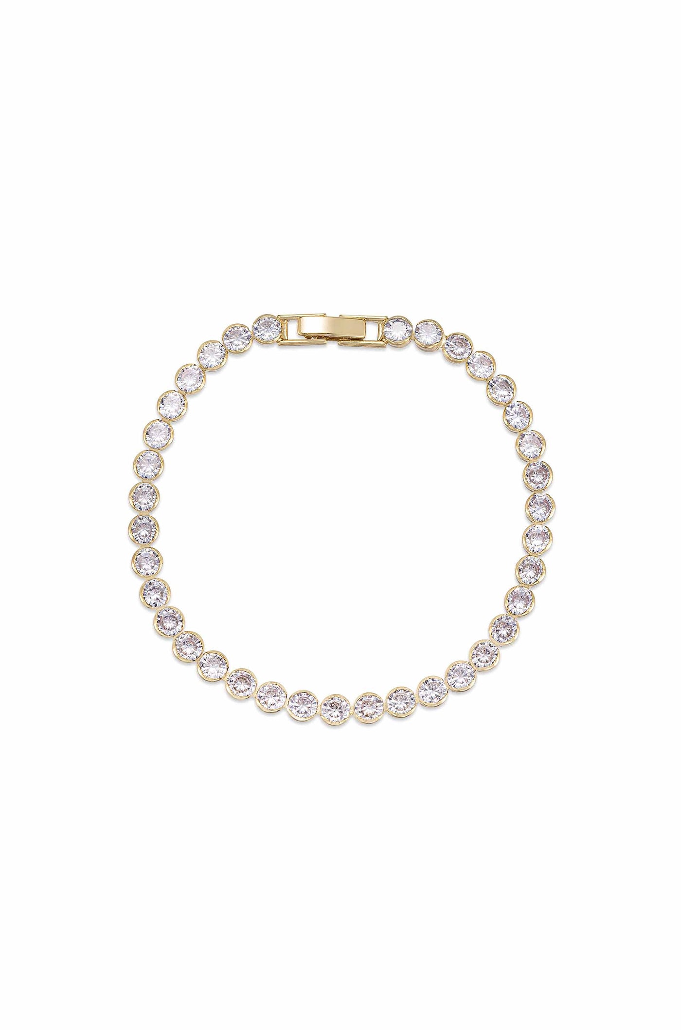 A gold bracelet featuring a series of evenly spaced, brilliant-cut clear stones. It is positioned flat against a plain white background, highlighting its elegance and shine.