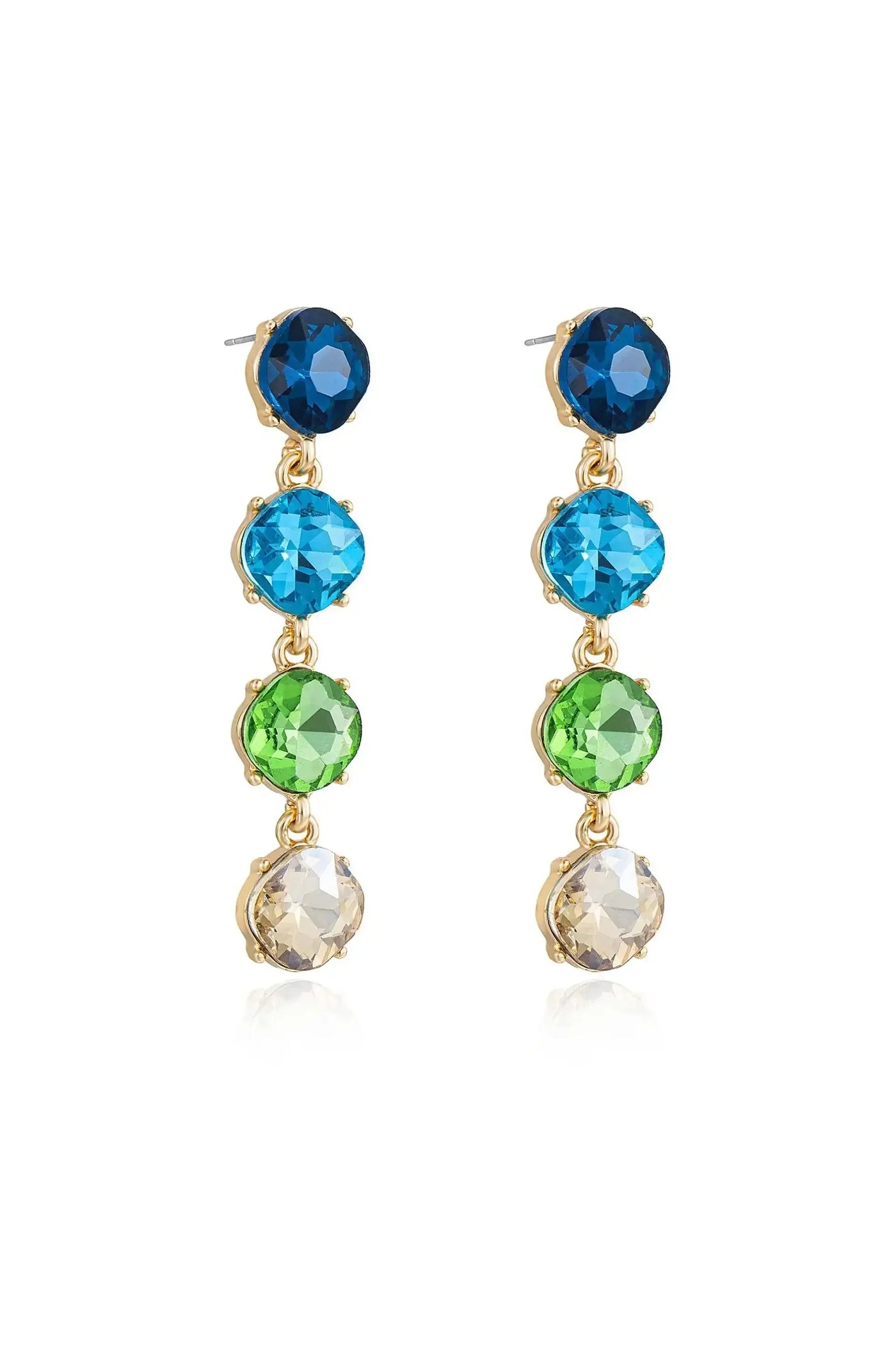 Long dangling earrings feature five colorful gemstones: dark blue, light blue, green, and clear, all set in gold-tone metal. They resemble a decorative and vibrant piece of jewelry.