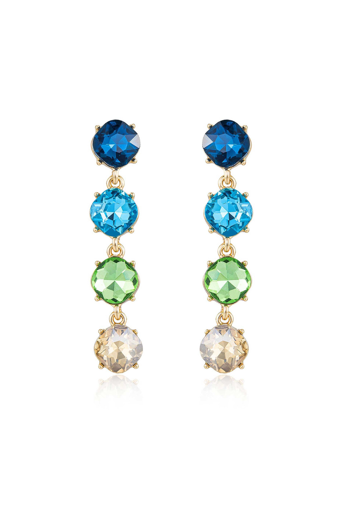 Colorful earrings feature five stacked gemstones in blue, turquoise, green, and clear, all set in gold. They hang elegantly, creating a sparkling effect against a neutral background.
