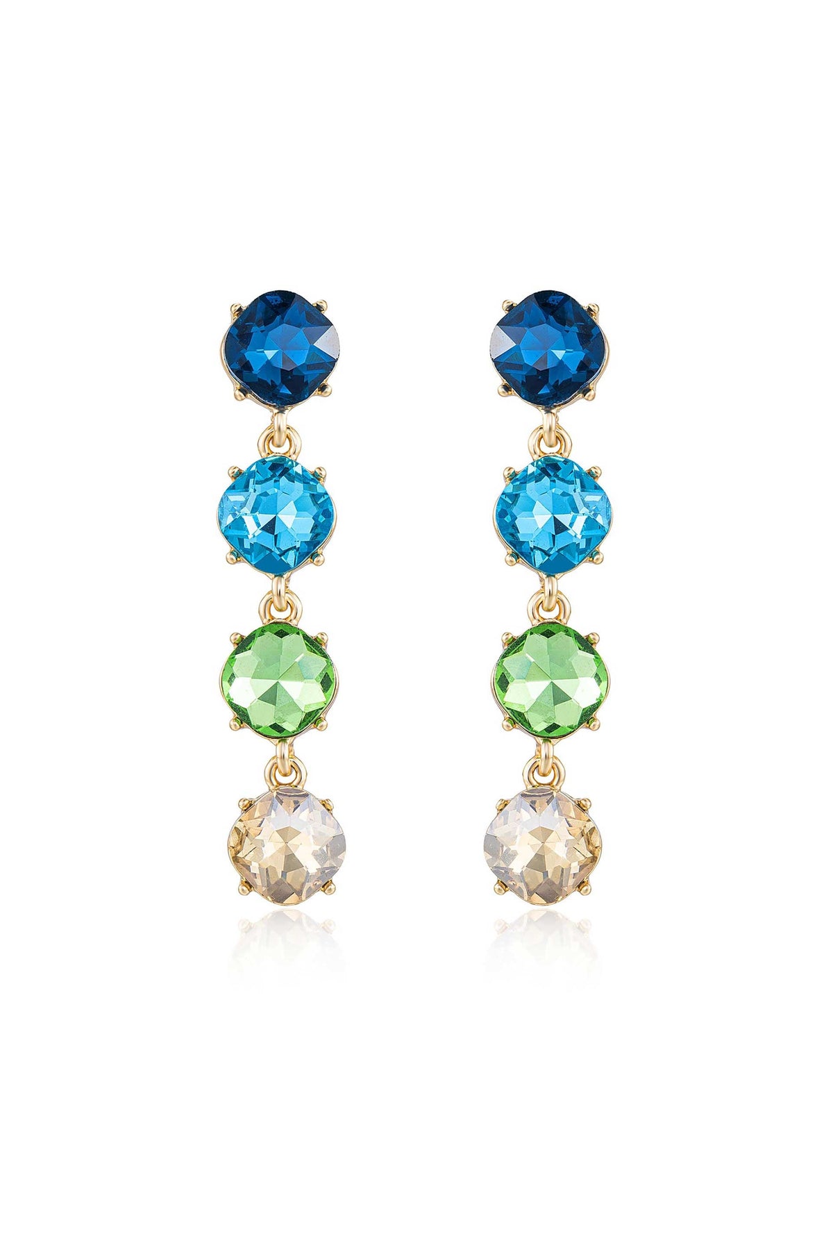 Colorful earrings feature five stacked gemstones in blue, turquoise, green, and clear, all set in gold. They hang elegantly, creating a sparkling effect against a neutral background.
