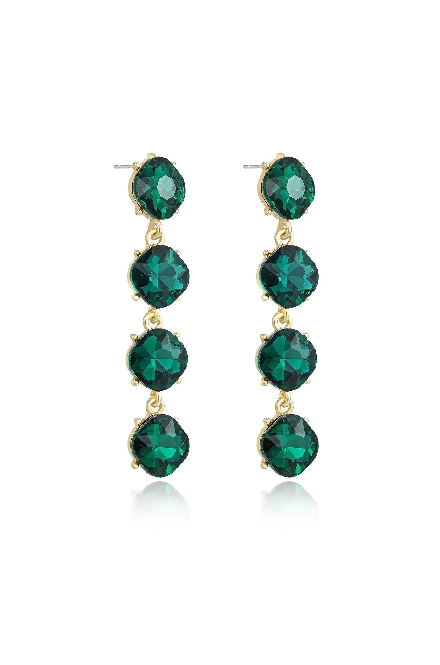Elegant dangle earrings feature four faceted emerald-green stones arranged vertically, connected by gold-toned links. The reflective stones shimmer, showcasing a sophisticated design suitable for formal occasions.