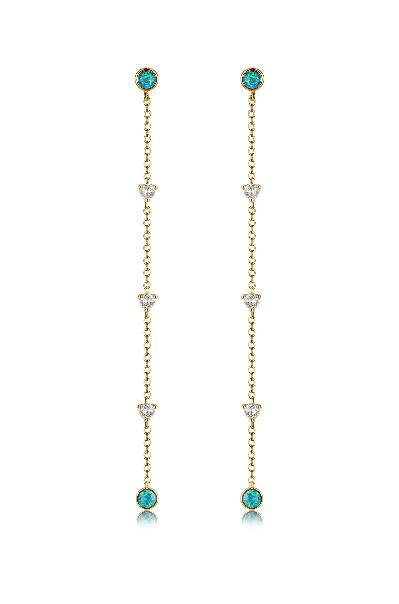 Two gold chain earrings feature alternating blue and white gemstones, with circular turquoise stones at the top and bottom. They are suspended, creating a flowing design perfect for elegant occasions.