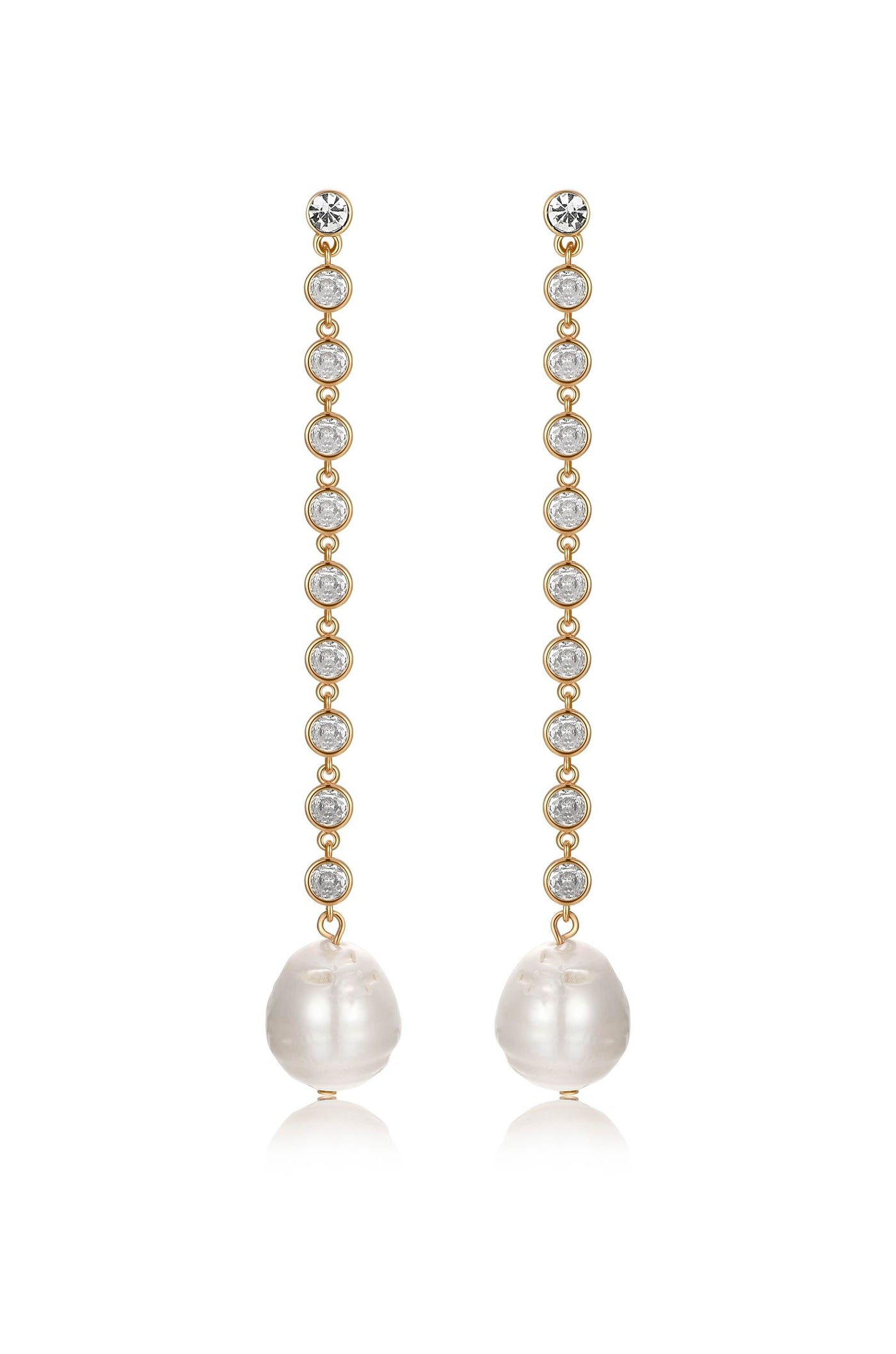 Elegant earrings feature a vertical design with round gemstones and a large pearl at the bottom. They hang delicately, suitable for formal or elegant occasions.