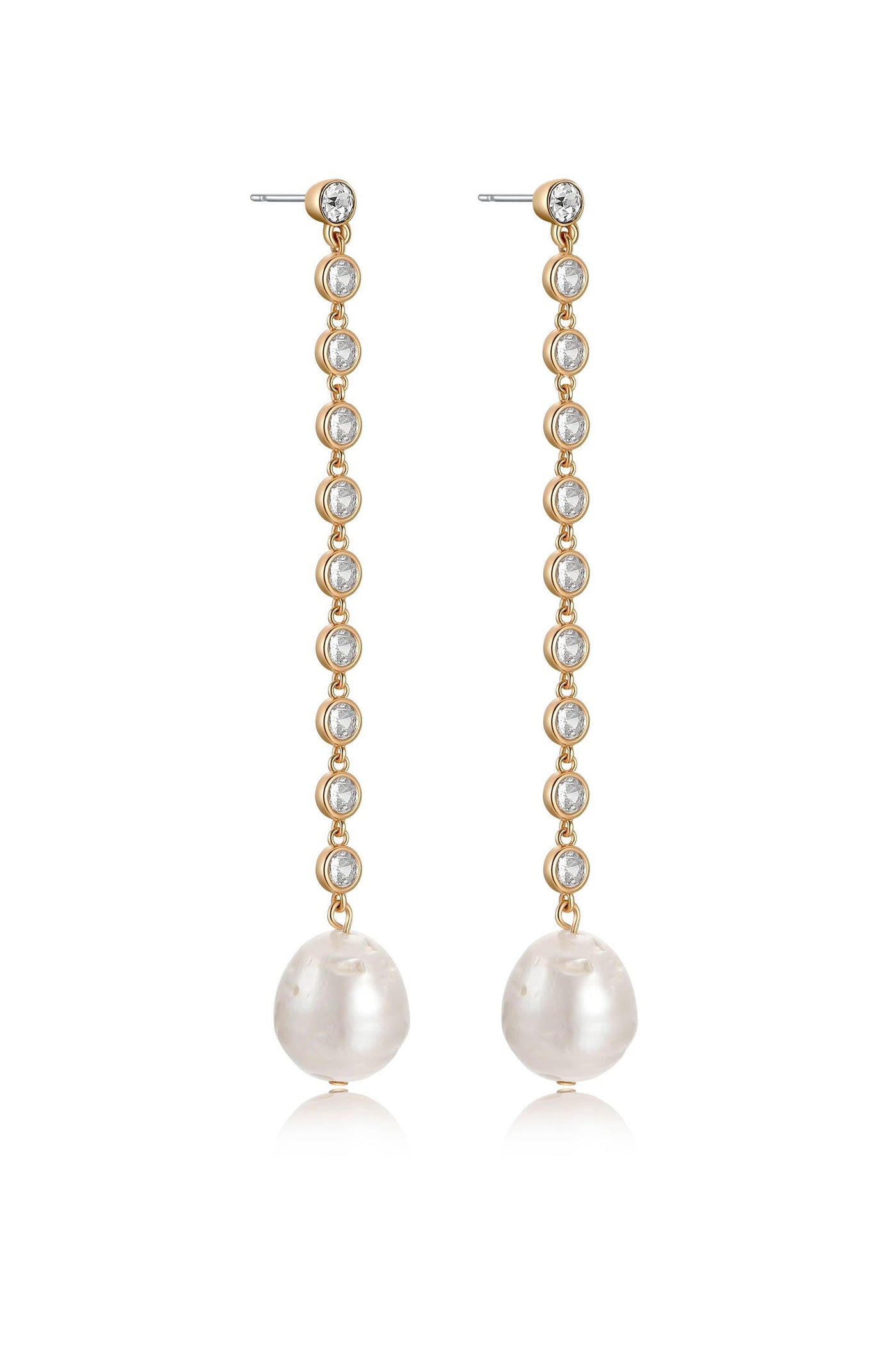Two elegant earrings hang vertically, featuring sparkling gemstones connected by gold links, finishing with a prominent, lustrous pearl at the bottom of each earring.