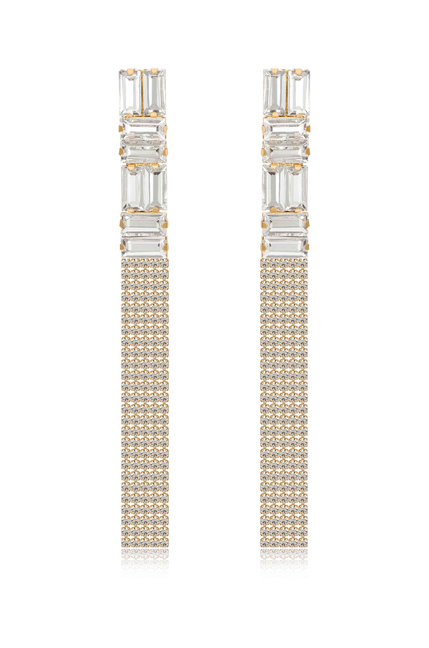 Two elegant earrings feature a vertical design with clear rectangular gemstones at the top, followed by a sparkling band of smaller stones, set against a simple, reflective background.