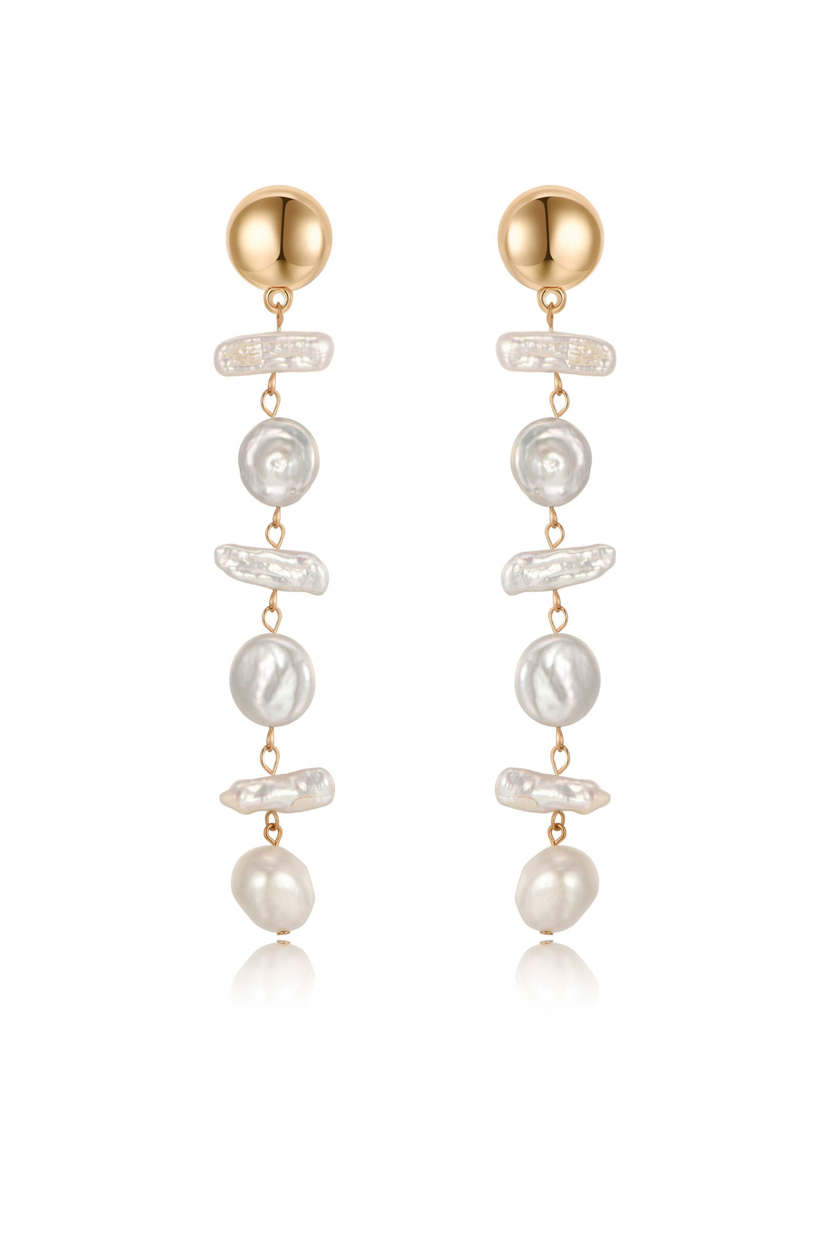 Gold-colored earrings feature multiple strands of assorted pearls, cascading elegantly with a mix of round and irregular shapes, set against a softly reflective background.