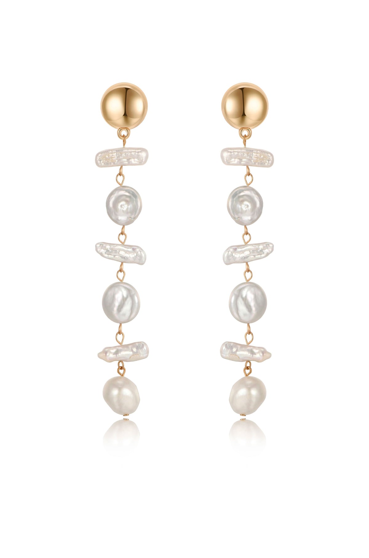 Gold-colored earrings feature multiple strands of assorted pearls, cascading elegantly with a mix of round and irregular shapes, set against a softly reflective background.