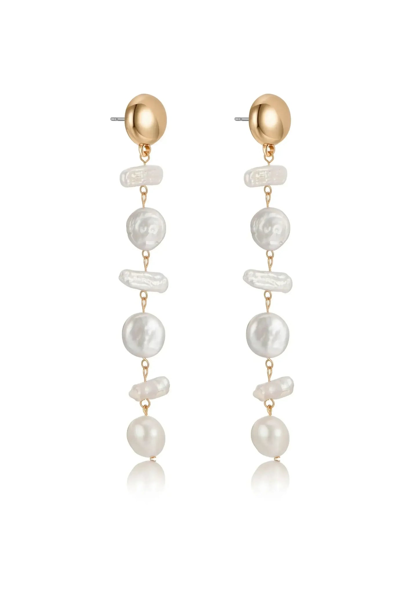 Two elegant earrings feature a gold spherical stud at the top, with multiple hanging layers of pearls, creating a graceful cascading effect. The background is reflective and soft.
