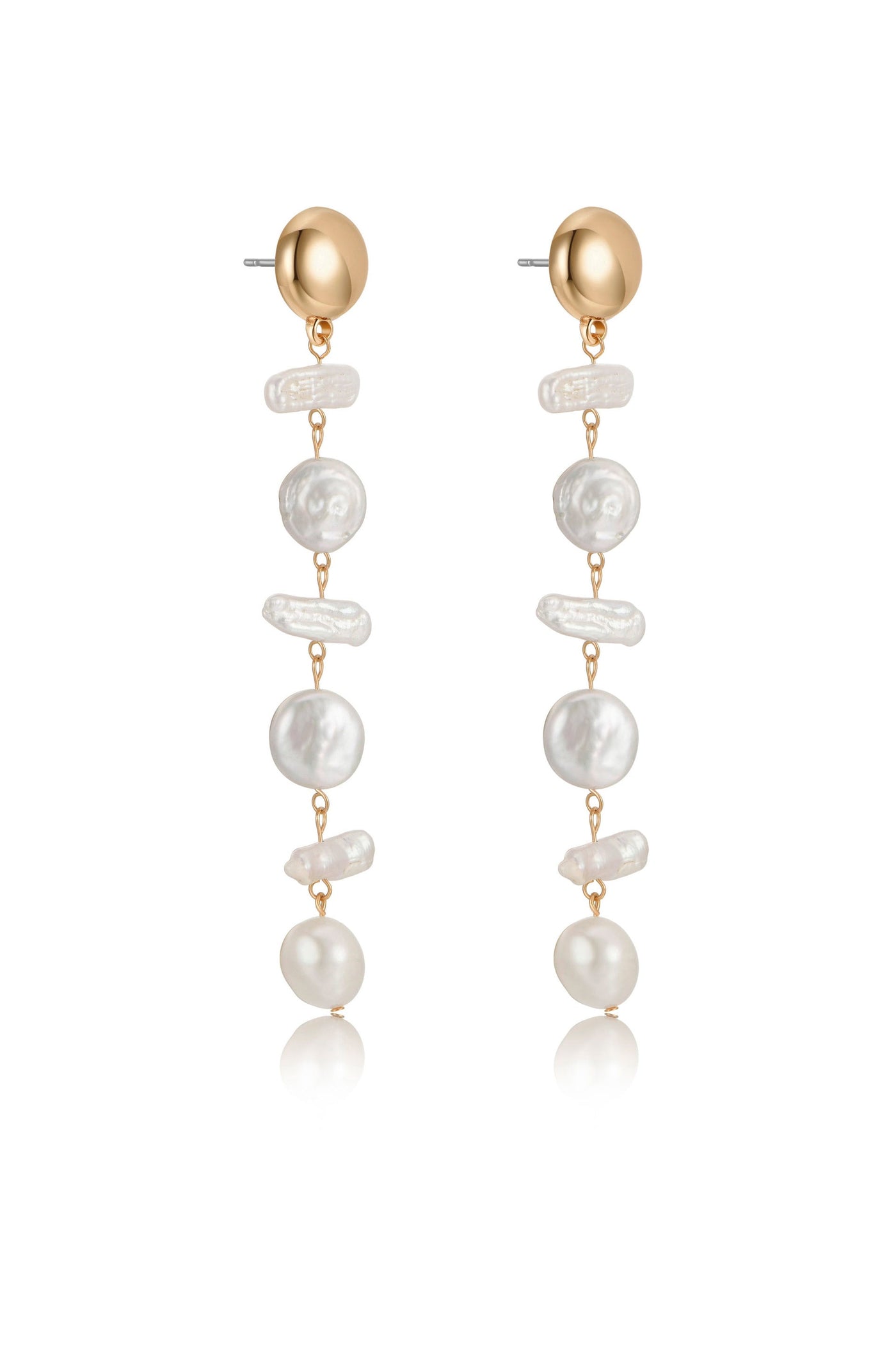 Two elegant earrings feature a gold spherical stud at the top, with multiple hanging layers of pearls, creating a graceful cascading effect. The background is reflective and soft.