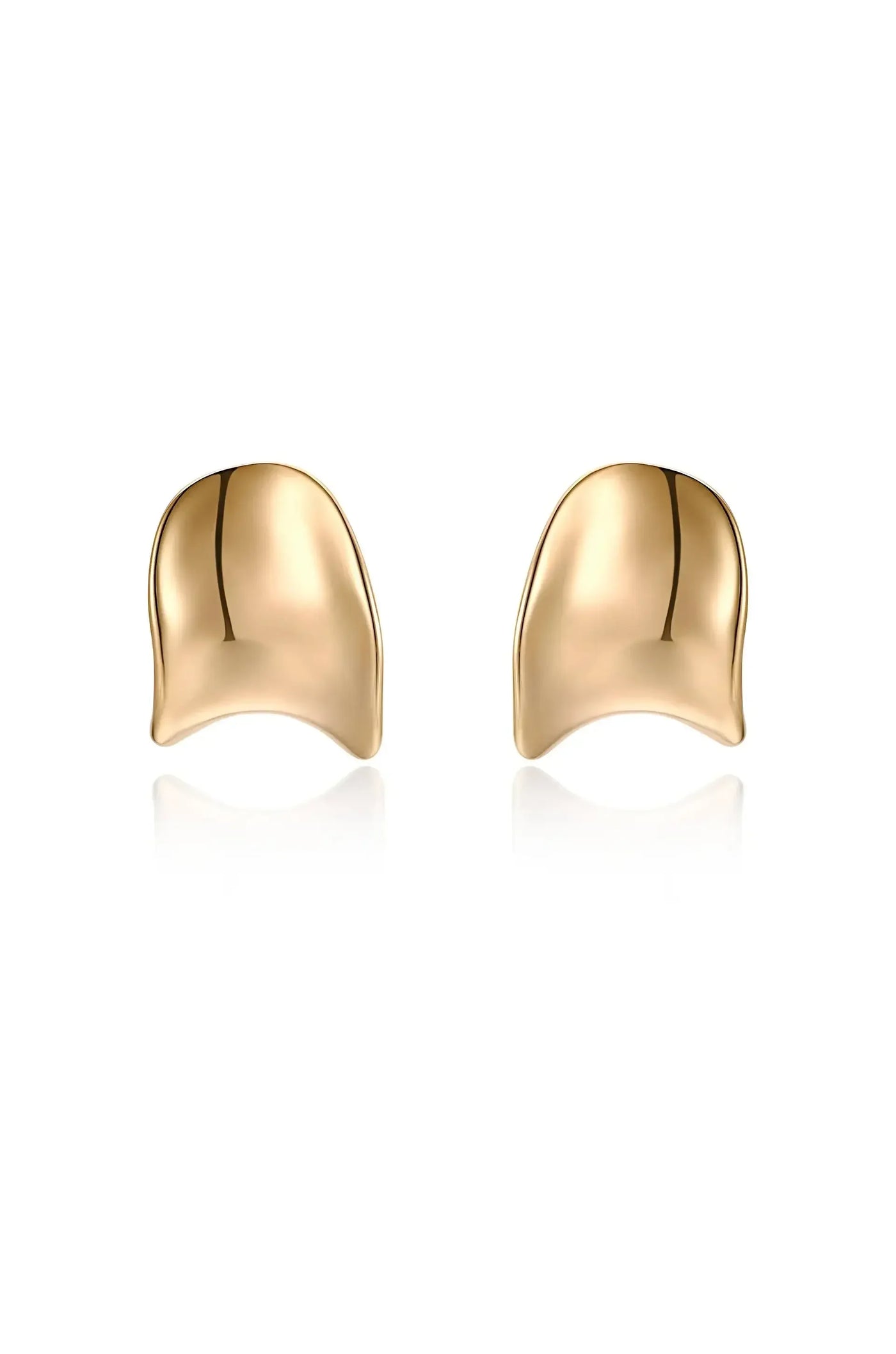 Shiny gold earrings are prominently displayed, reflecting light. Their smooth, curved design suggests elegance, set against a clean, white background that enhances their visual appeal.
