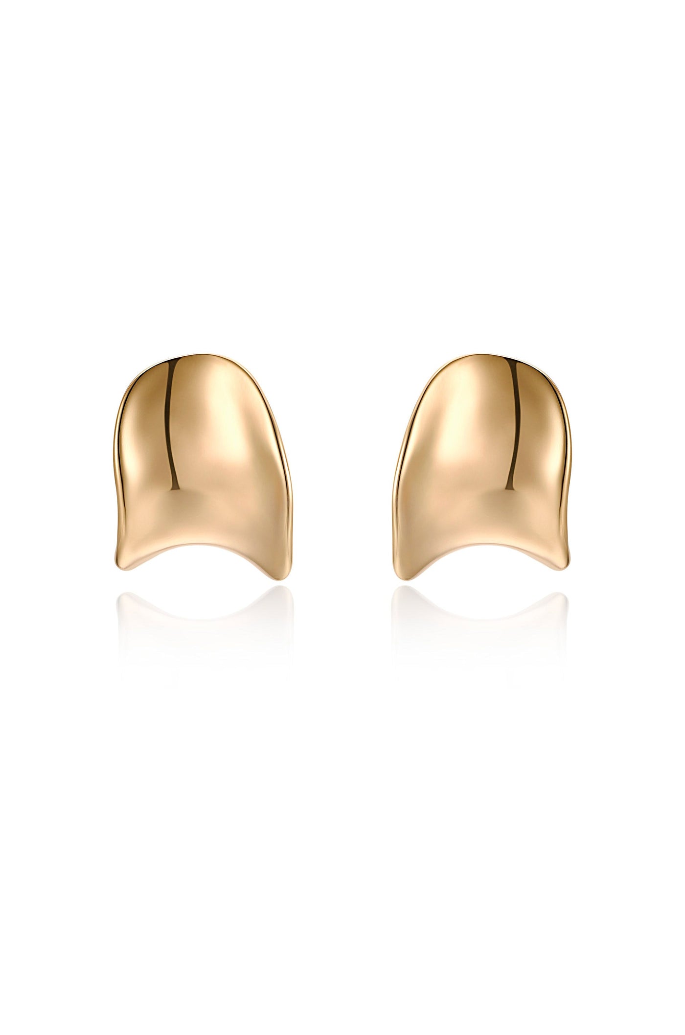 Shiny gold earrings are prominently displayed, reflecting light. Their smooth, curved design suggests elegance, set against a clean, white background that enhances their visual appeal.
