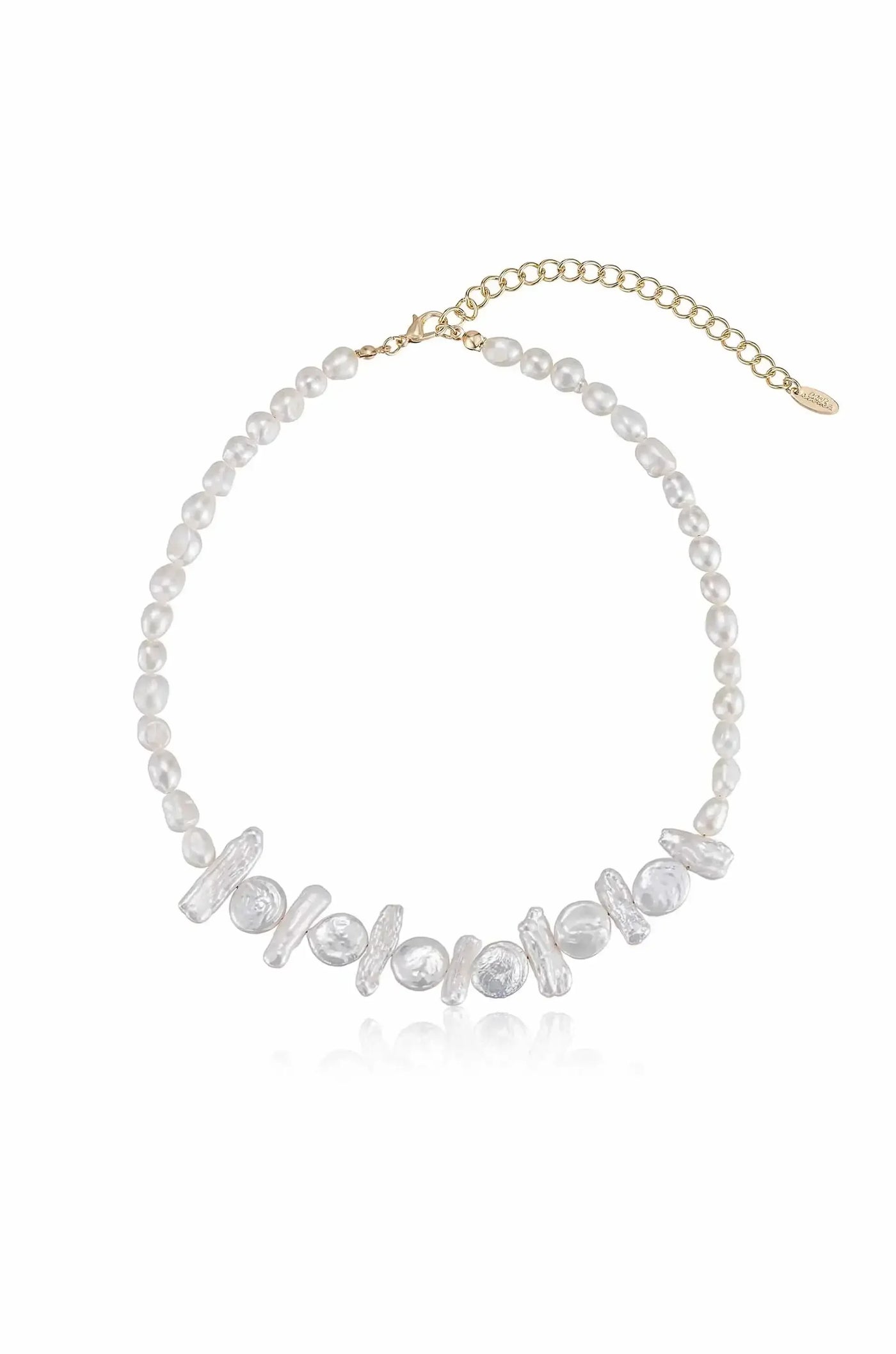 A delicate necklace features alternating white pearls and textured clear beads, arranged symmetrically. It includes a gold clasp and an adjustable chain for fit. The background is neutral, highlighting the jewelry.
