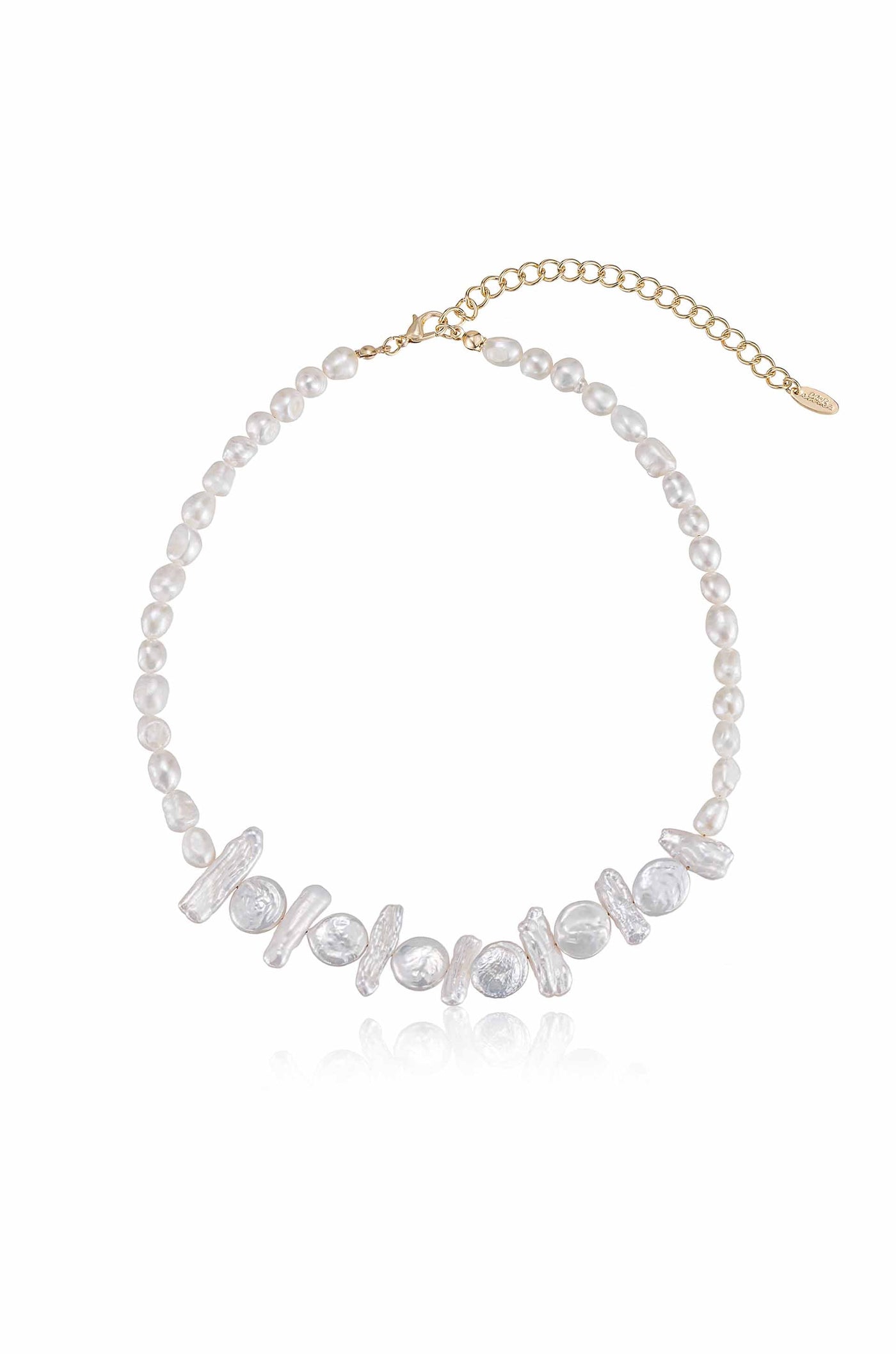 A delicate necklace features alternating white pearls and textured clear beads, arranged symmetrically. It includes a gold clasp and an adjustable chain for fit. The background is neutral, highlighting the jewelry.