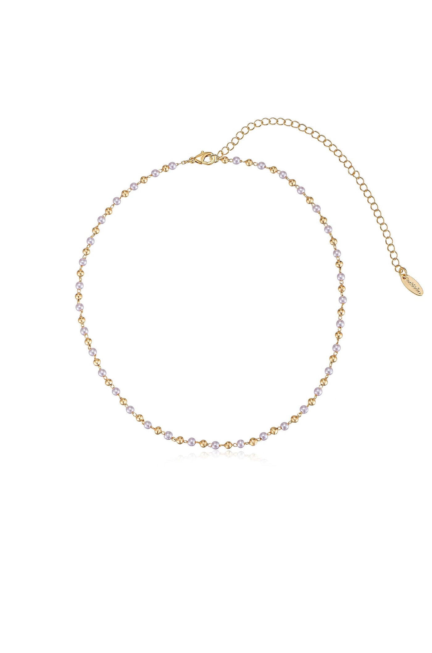 A delicate golden necklace features alternating small gold beads and light purple pearls, designed to adorn the neck. It includes a fastening clasp and an adjustable chain for size versatility.