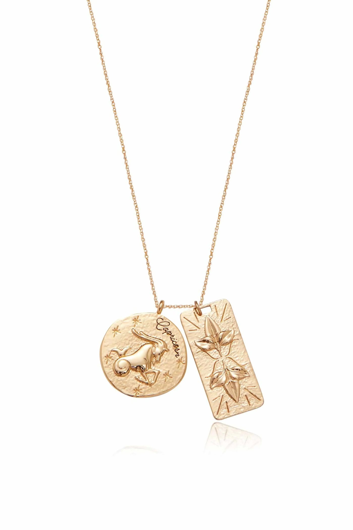 Gold pendant necklace features two decorative charms: a circular charm with a goat symbolizing Capricorn and a rectangular charm with a floral design. The necklace is displayed against a white background.