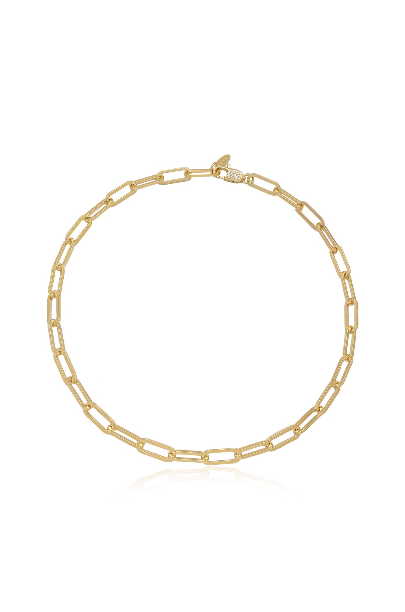 A gold chain necklace features elongated, linked segments, reflecting light. It is displayed on a white background, highlighting its polished surface and elegant design.