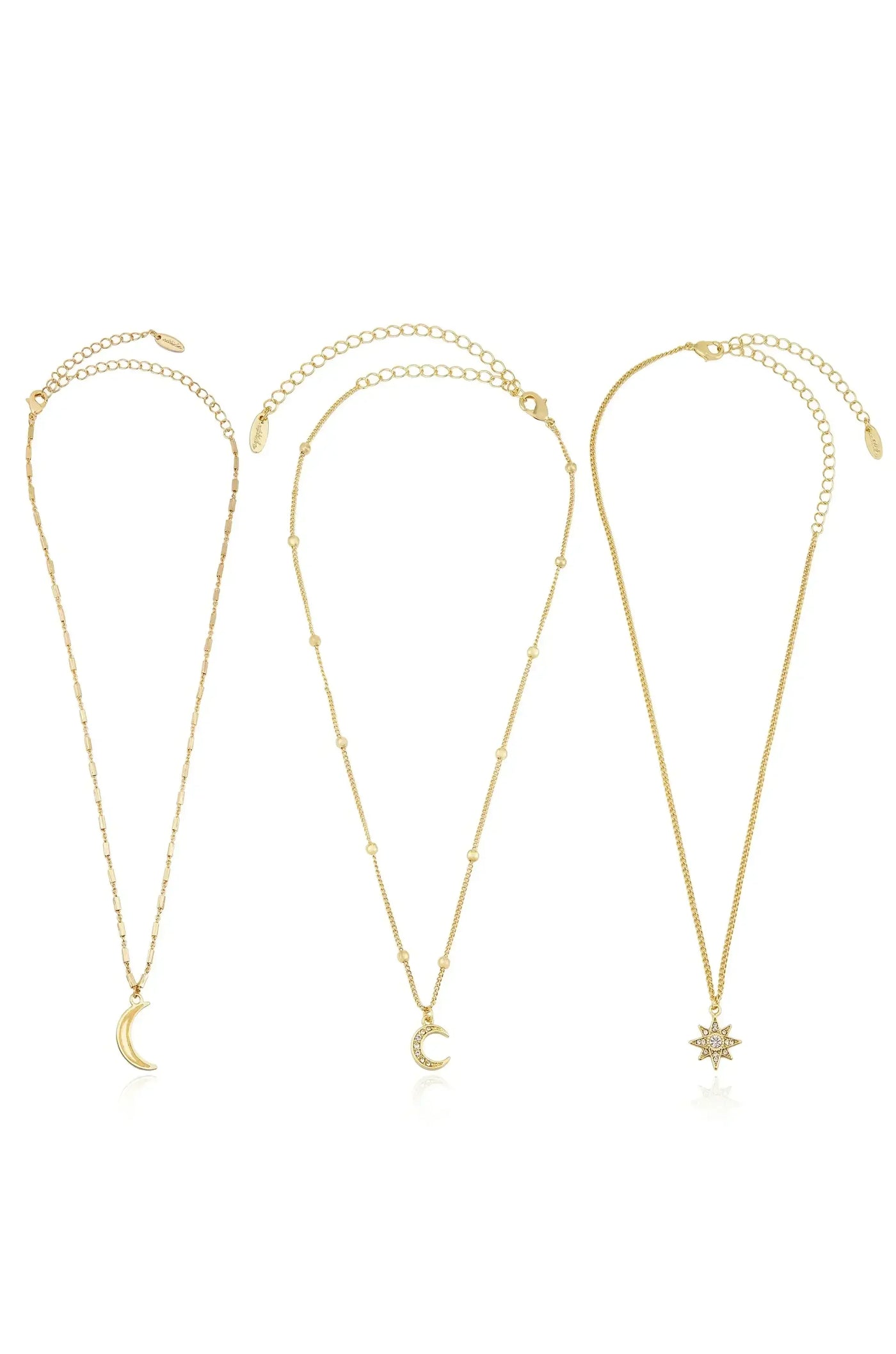 Three gold necklaces are displayed. The first features a crescent moon pendant, the second has a smaller crescent moon with beads, and the third showcases a star pendant with rhinestones.