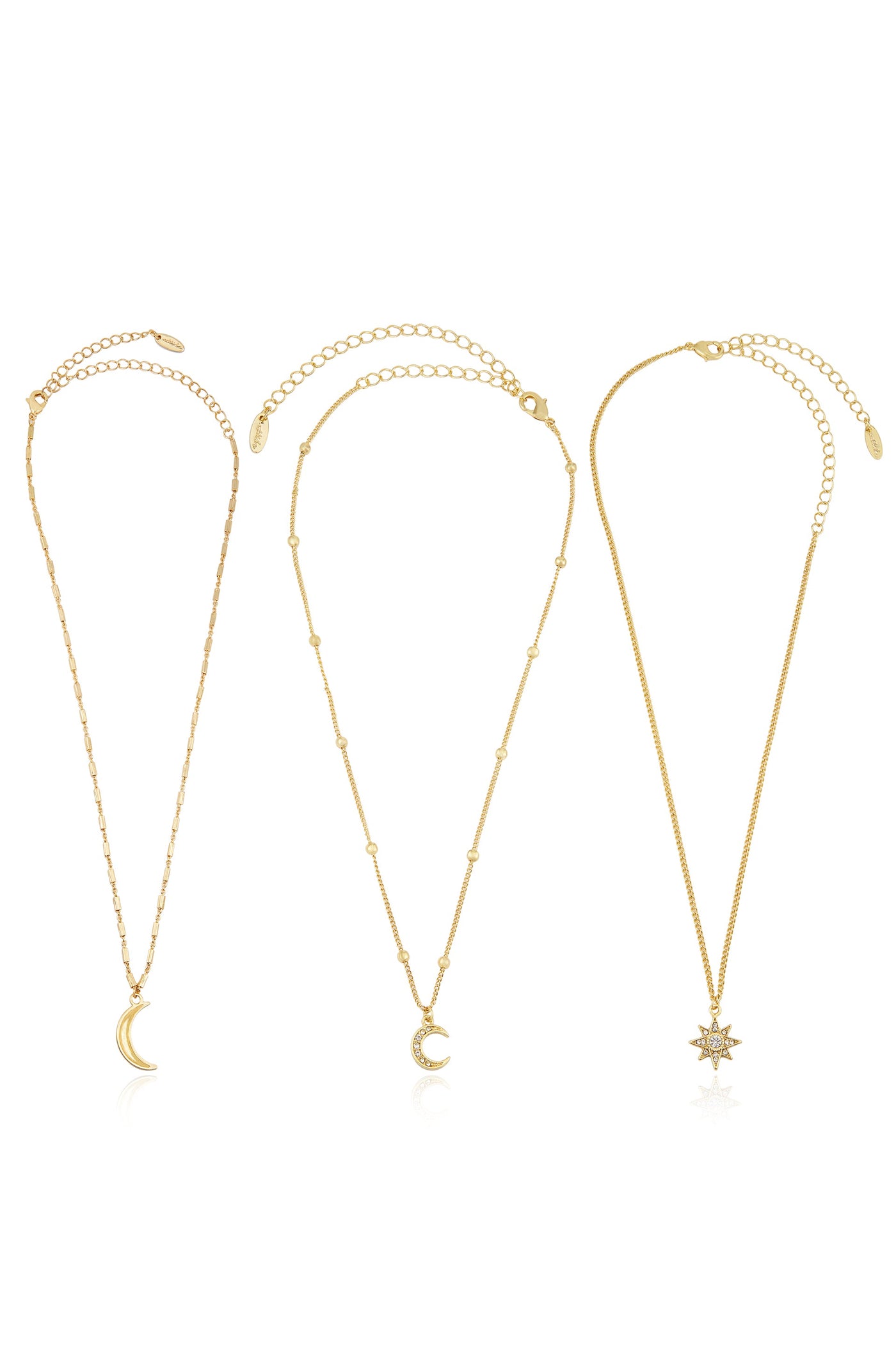Three gold necklaces are displayed. The first features a crescent moon pendant, the second has a smaller crescent moon with beads, and the third showcases a star pendant with rhinestones.
