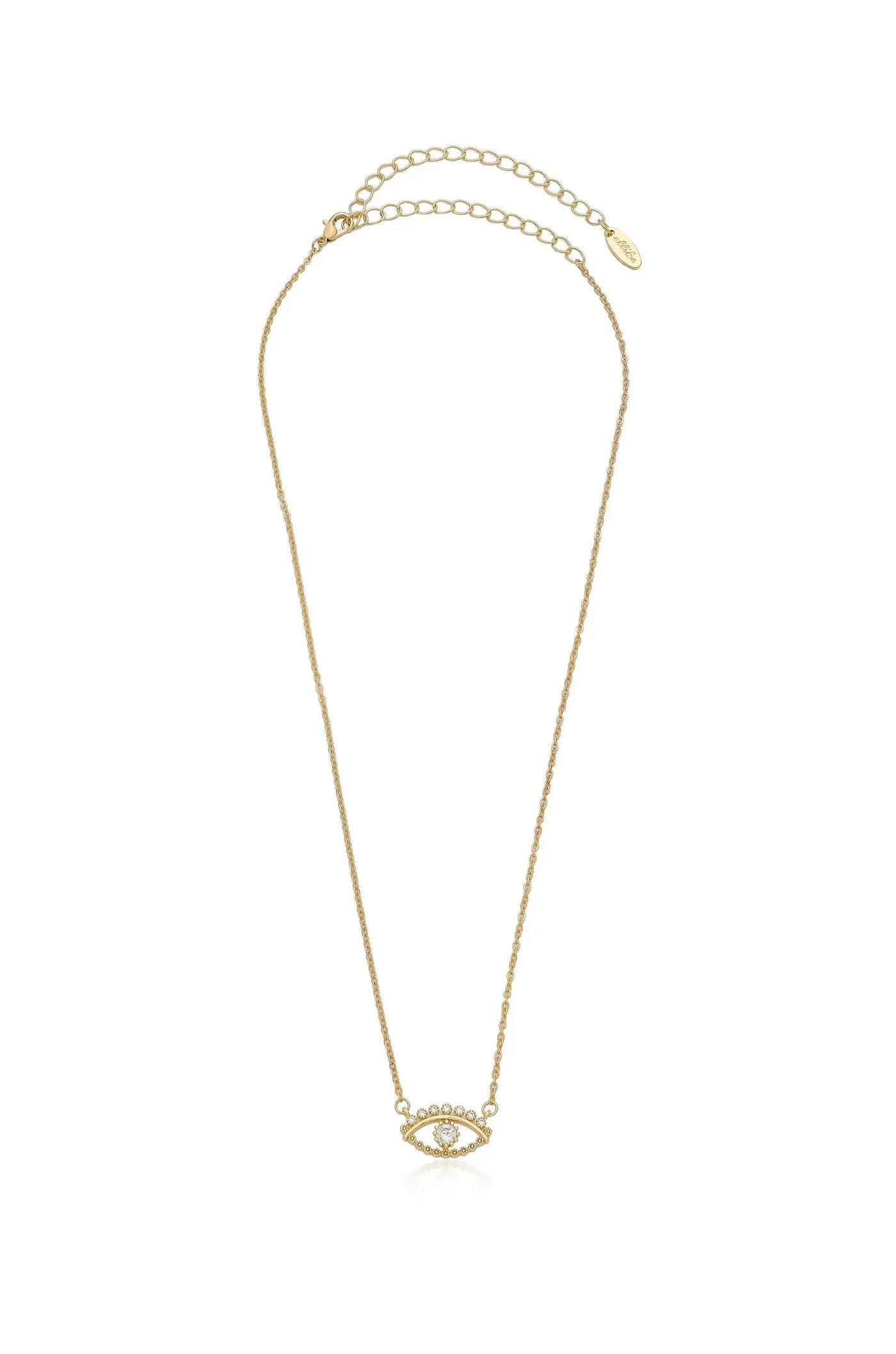 A delicate gold necklace features a central eye-shaped pendant adorned with small gems. It hangs gracefully, with an adjustable chain for varying lengths, set against a plain white background.